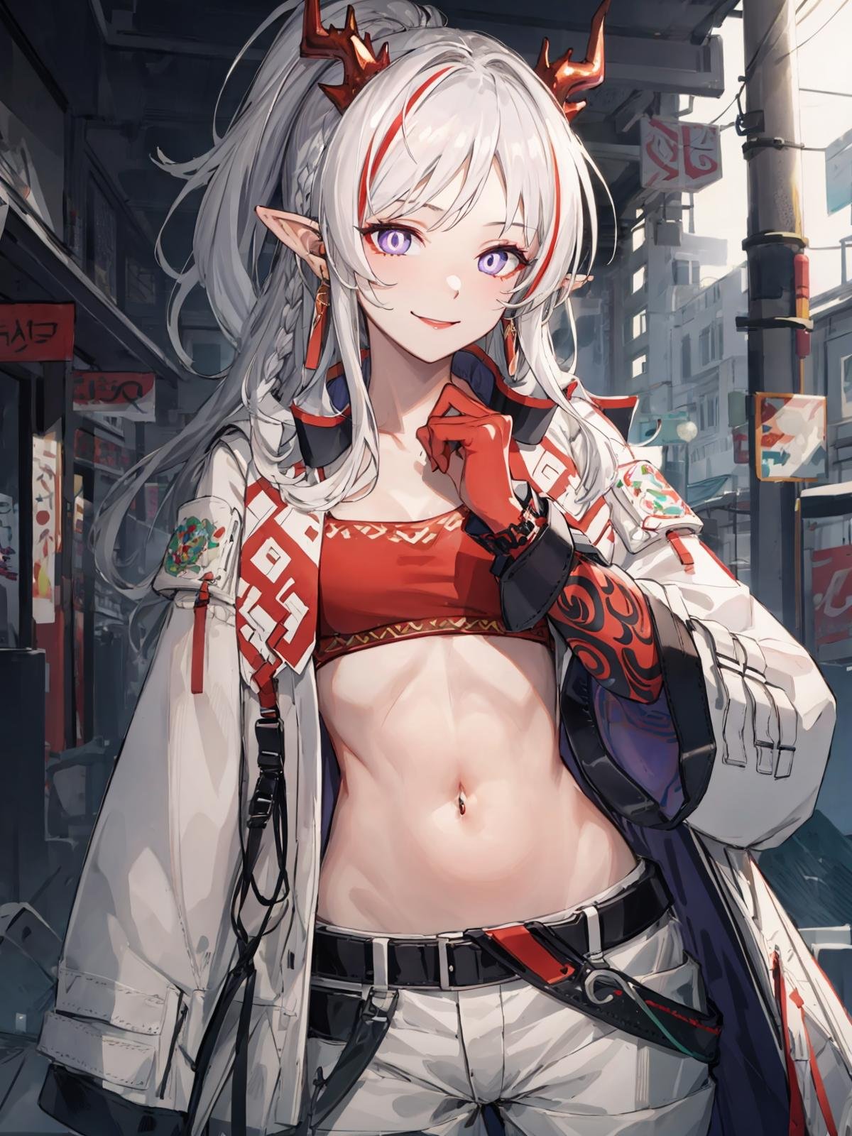 (extremely detailed CG, best quality:1.1), 1girl, perfect face, bright pupils, (finely detailed beautiful eyes:1.1), shiny skin, lustrous skin, wide hips, narrow waist, long hair, ponytail, multicolored hair, streaked hair, horns, pointy ears, purple eyes, tube top, white shorts, coat, white jacket, red skin, red hands, tail, smile,   <lora:Nian:0.7>