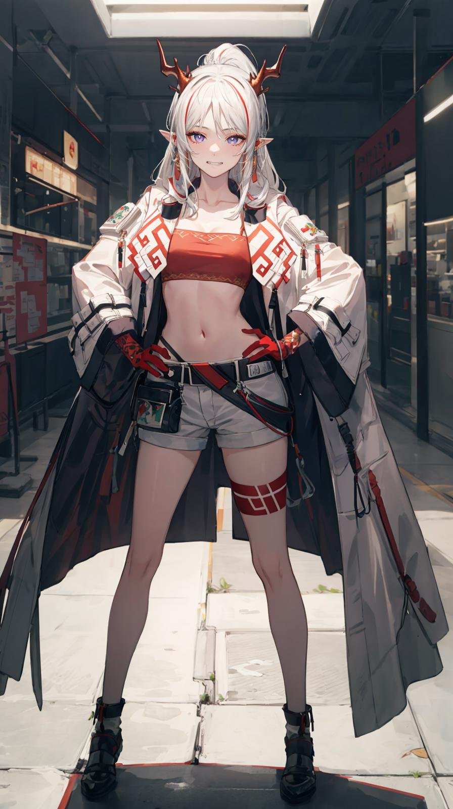 (extremely detailed CG, best quality:1.1), 1girl, perfect face, bright pupils, (finely detailed beautiful eyes:1.1), shiny skin, lustrous skin, wide hips, narrow waist, long hair, ponytail, multicolored hair, streaked hair, horns, pointy ears, purple eyes, tube top, white shorts, coat, white jacket, red skin, red hands, tail, grin, hand on hip, full body, standing, depth of field,   <lora:Nian:0.7>