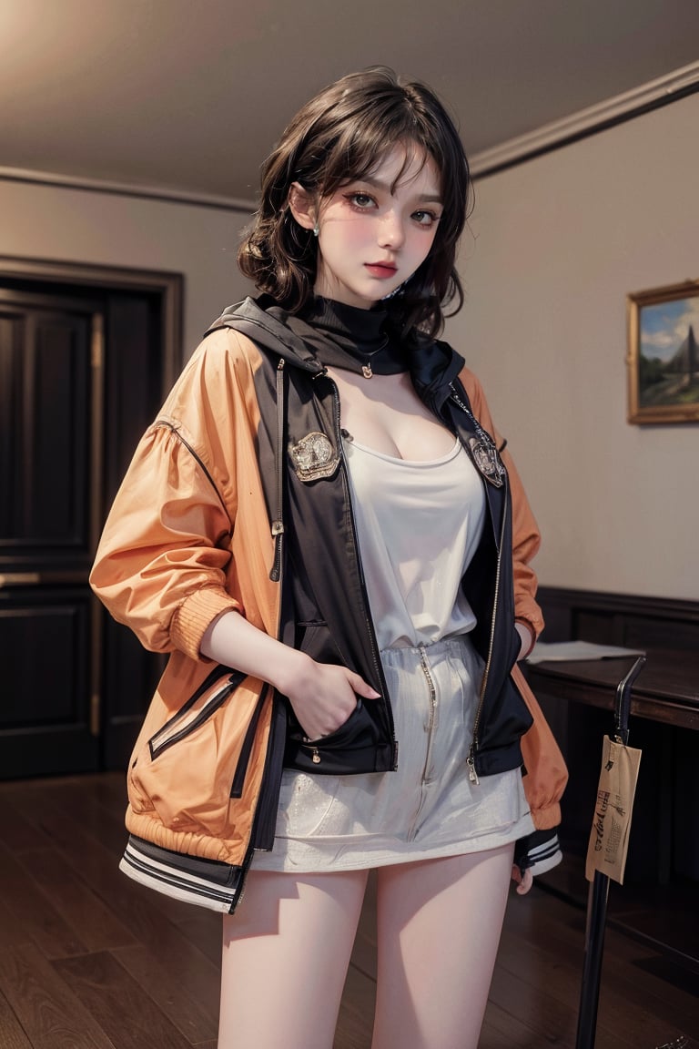 female, ((masterpiece, best quality, ultra detailed, absurdres):1.5), bare legs,indoors,weapon,hood,see-through,orange jacket