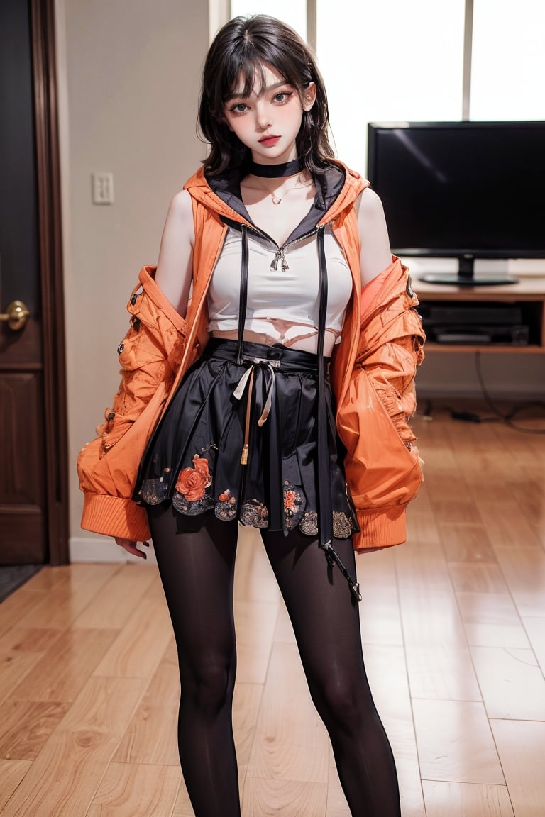 female, ((masterpiece, best quality, ultra detailed, absurdres):1.5), indoors, jacket,pantyhose,choker,hood,black skirt,hoodie,head out of frame,drawstring,orange jacket,orange hoodie