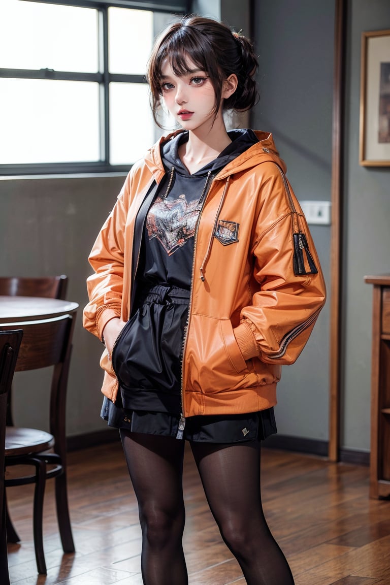 female, ((masterpiece, best quality, ultra detailed, absurdres):1.5), bare legs,indoors,long sleeves,jacket,pantyhose,virtual youtuber,hood,sleeves past wrists,sleeves past fingers,orange jacket,orange hoodie