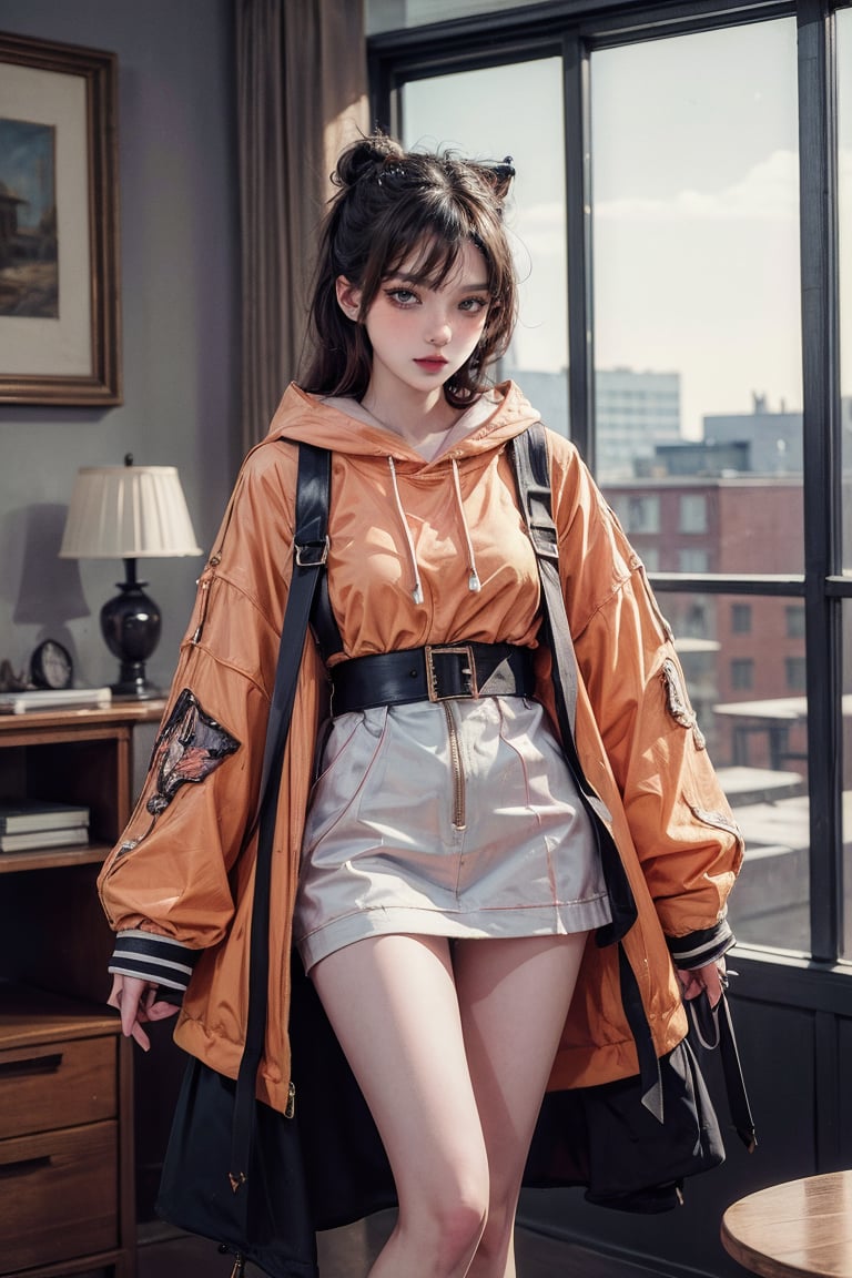 female, ((masterpiece, best quality, ultra detailed, absurdres):1.5), bare legs,indoors,weapon,hood,see-through,orange jacket