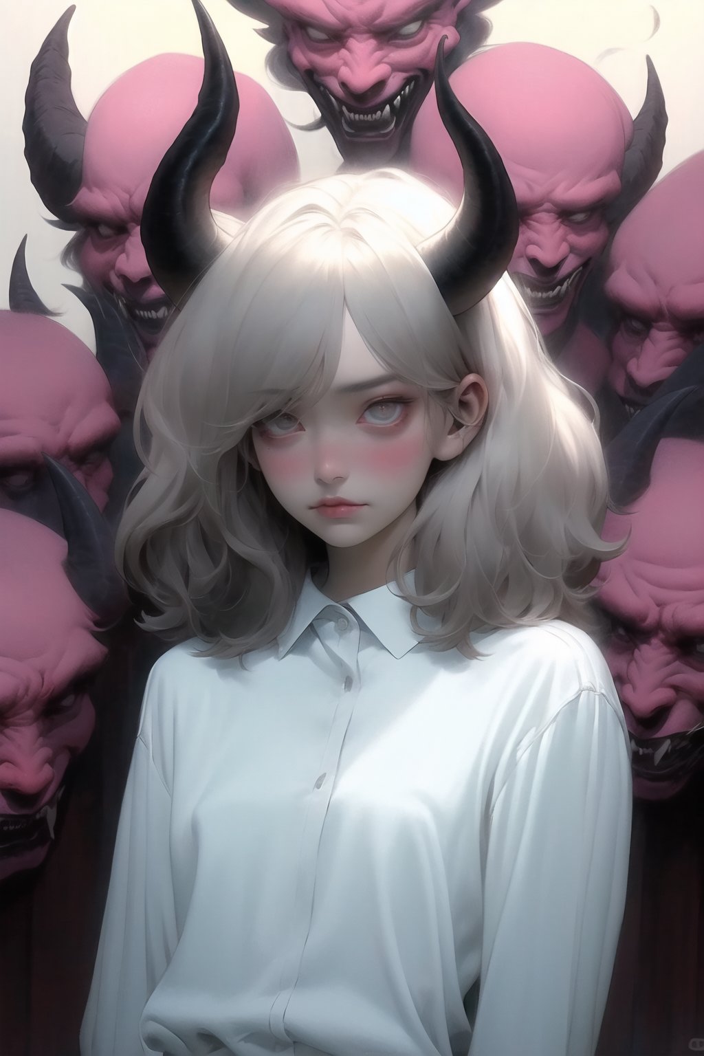 qzqzz,1girl,upper body,solo,closed mouth,shirt,medium hair,lips,white shirt,long hair,blush,<lora:qzqzz-000020:1>,laziness,half open eyes,solo,lazyprocrastinator,lazy eye,yanwulazy,smoky,demon girl,devil horns,acorea,drooping eyes,, masterpiece, best quality,