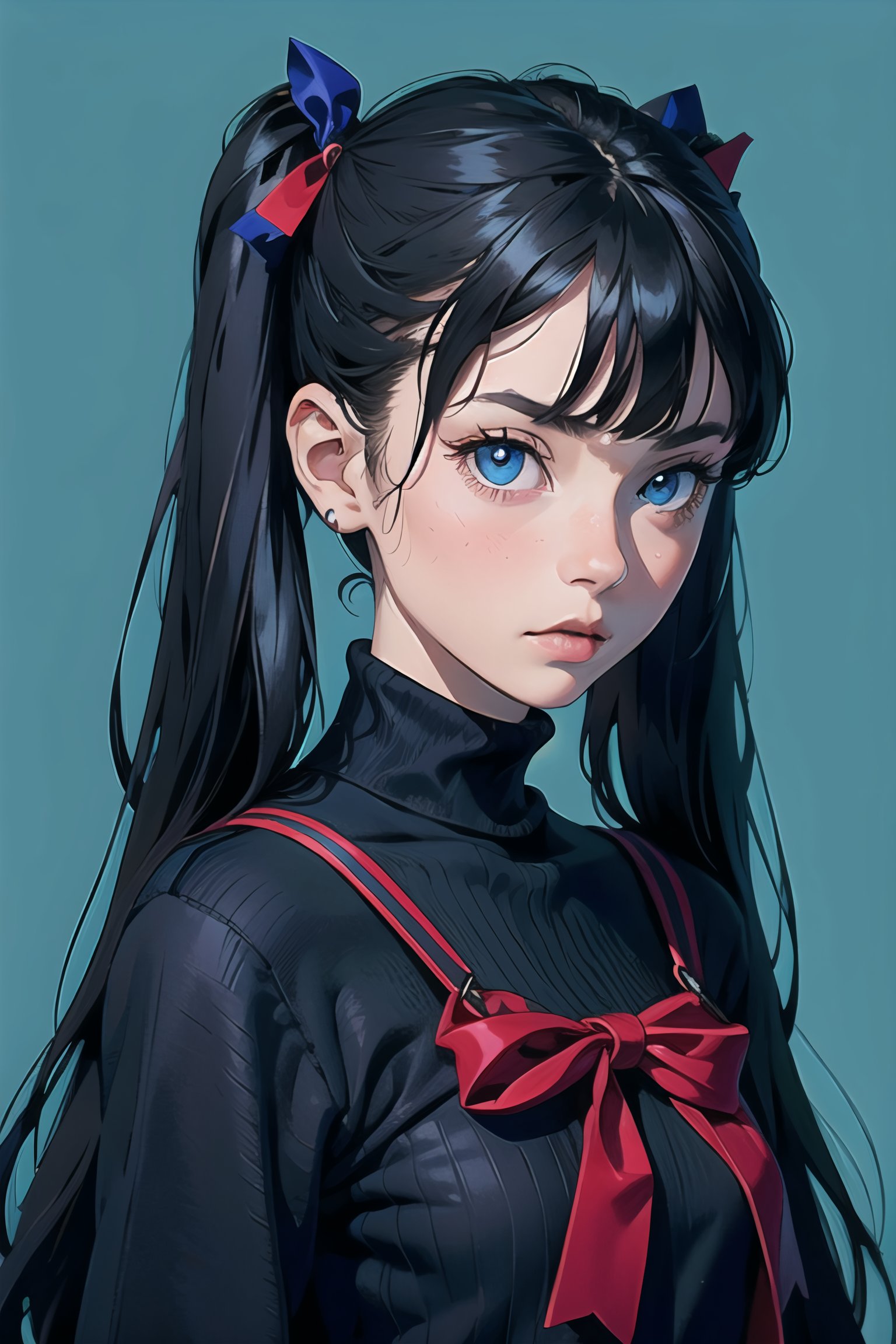 1girl, tohsaka rin, solo, long hair, sweater, looking at viewer, blue background, black hair, simple background, two side up, turtleneck, blue eyes, lips, closed mouth, ribbon, hair ribbon, bangs, turtleneck sweater, upper body, parted bangs, black ribbon, ribbed sweater, twintails, nose, high_resolution, high quality