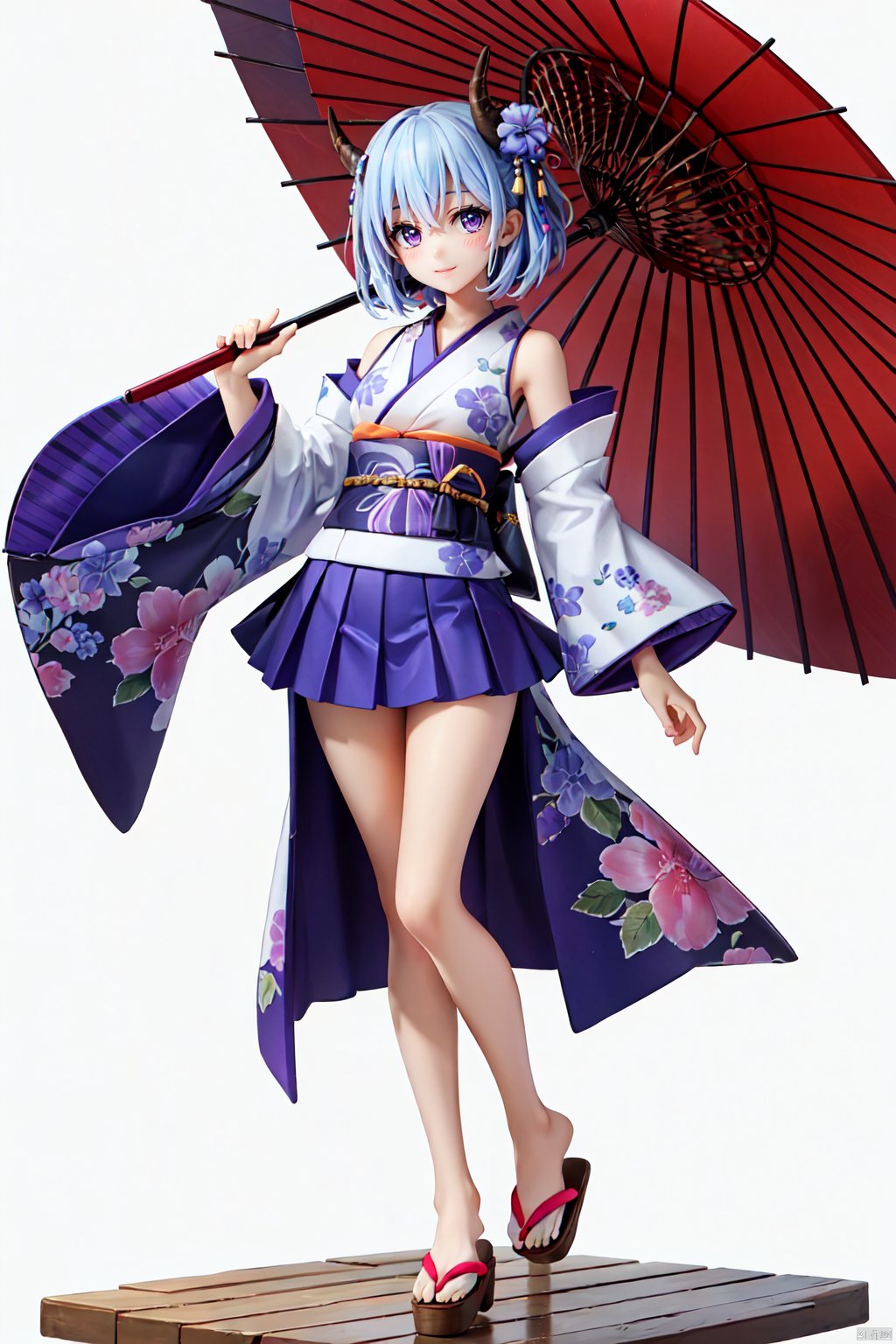  1girl, solo, looking_at_viewer, smile, skirt, long_sleeves, white_background, dress, holding, bare_shoulders, closed_mouth, blue_hair, standing, purple_eyes, full_body, pleated_skirt, detached_sleeves, japanese_clothes, horns, barefoot, sleeveless, wide_sleeves, kimono, arm_up, see-through, sash, umbrella, obi, pink_flower, blue_flower, purple_skirt, white_kimono, holding_umbrella, oil-paper_umbrella, see-through_sleeves, sleeveless_kimono, ankle_cuffs, ( figma:0.8)