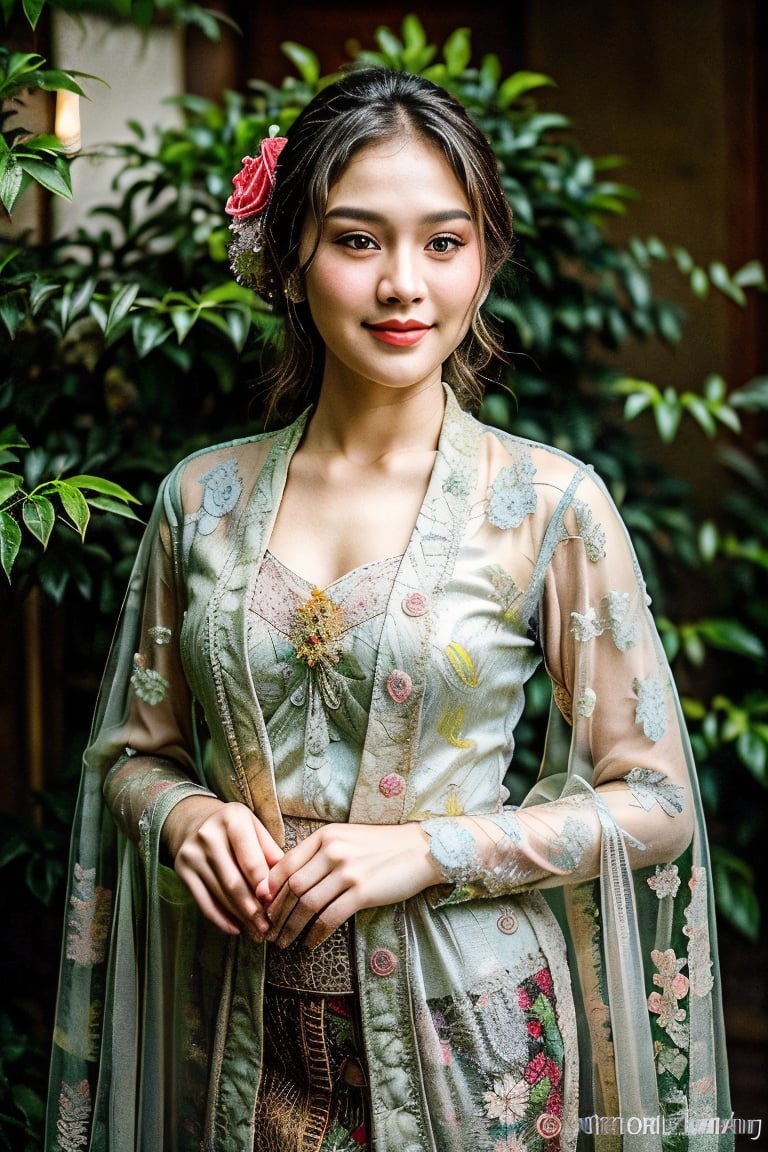 portrait of a beautiful 25 year old girl wearing kebaya and flower garden background, benefits of Samsung S3 Ultra photo features,High detailed ,sarahviloid,Masterpiece,cwkimt,kimyojung,perfect,Detailedface,Mecha body