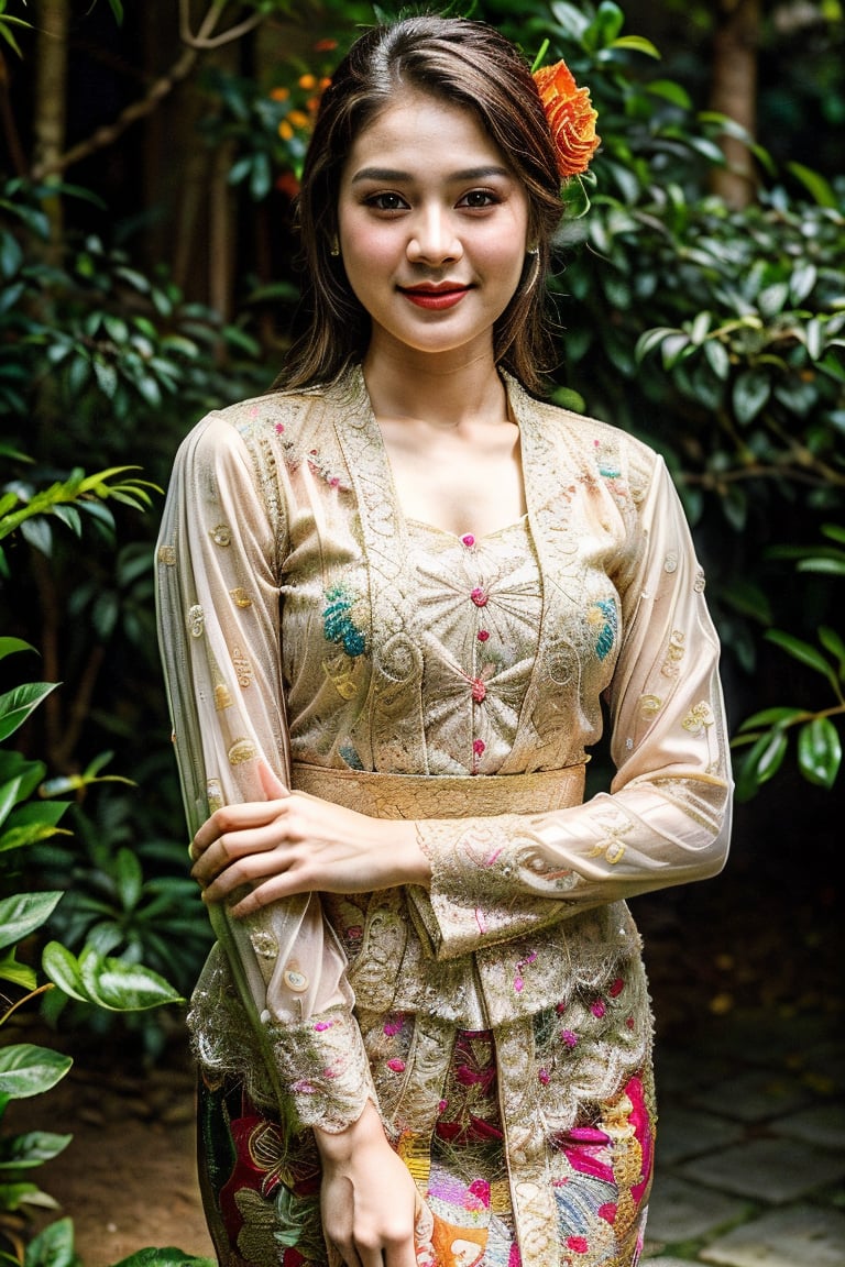 portrait of a beautiful 25 year old girl wearing kebaya and flower garden background, benefits of Samsung S3 Ultra photo features,High detailed ,sarahviloid,Masterpiece,cwkimt,kimyojung,perfect,Detailedface,Mecha body