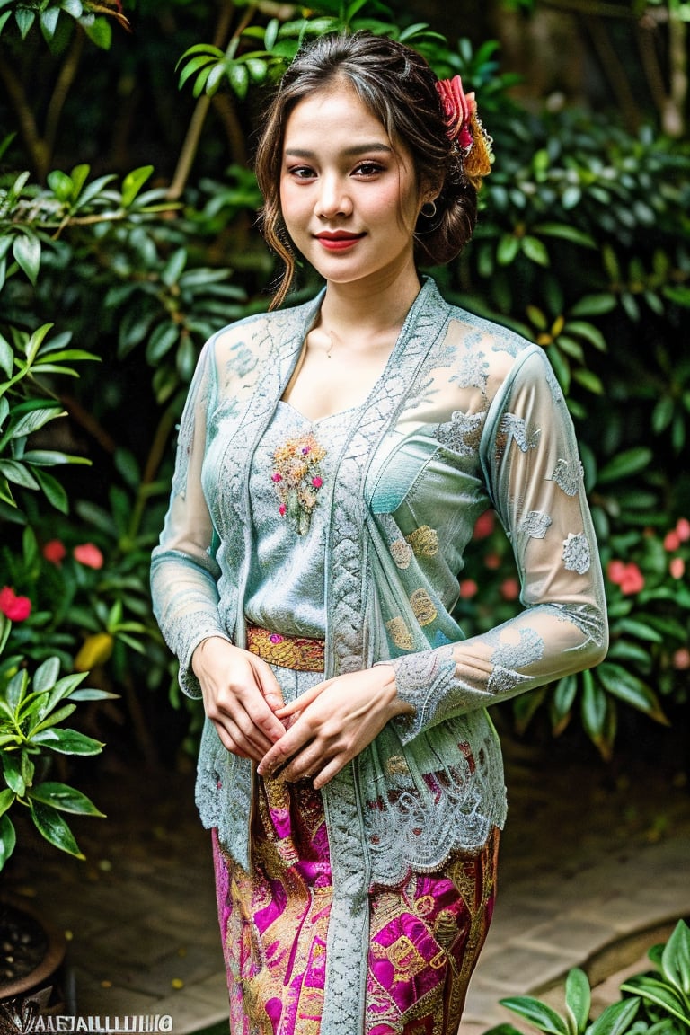 portrait of a beautiful 25 year old girl wearing kebaya and flower garden background, benefits of Samsung S3 Ultra photo features,High detailed ,sarahviloid,Masterpiece,cwkimt,kimyojung,perfect,Detailedface,Mecha body