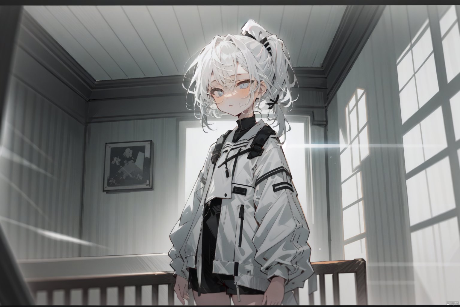 A girl, intense light and shadow contrast, 1 Girl,  Standing,  indoors,  dark rooms,  Eyes Half-closed,  Expressionless,  ((White Short Hair)),  (Side Short Ponytail),  White Side Braid,  Photon Mapping,  White Hair Girl,  Side Short Ponytail,  White Hair,  Blue Eyes,  (White Eye),  Cool colors, (grey),<lora:EMS-260417-EMS:0.200000>,<lora:EMS-262422-EMS:0.200000>,<lora:EMS-263511-EMS:1.000000>