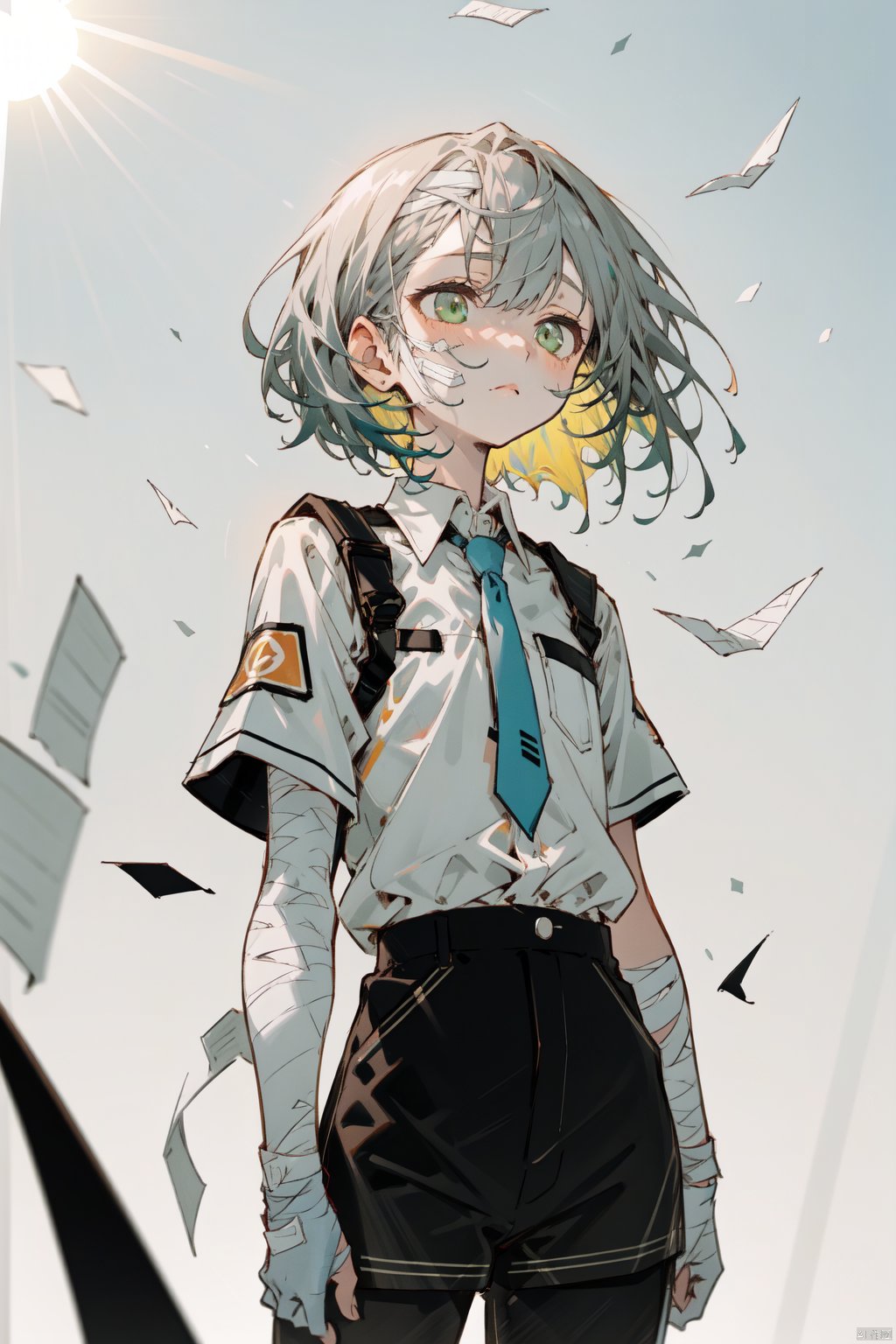  A girl, looking up, silent, expressionless, paper scattered in the air, black and white uniforms,Black pants, busts,Cool colors, grayish blue, a strong sunlight, warm colors in the sun,shirts, ties,short hair, half-tied hair, shoulder-length hair,shorts,Bandages on the neck, bandages on the face,Flat chest, Light-electric style,Medium short black hair, (dark green eyes)