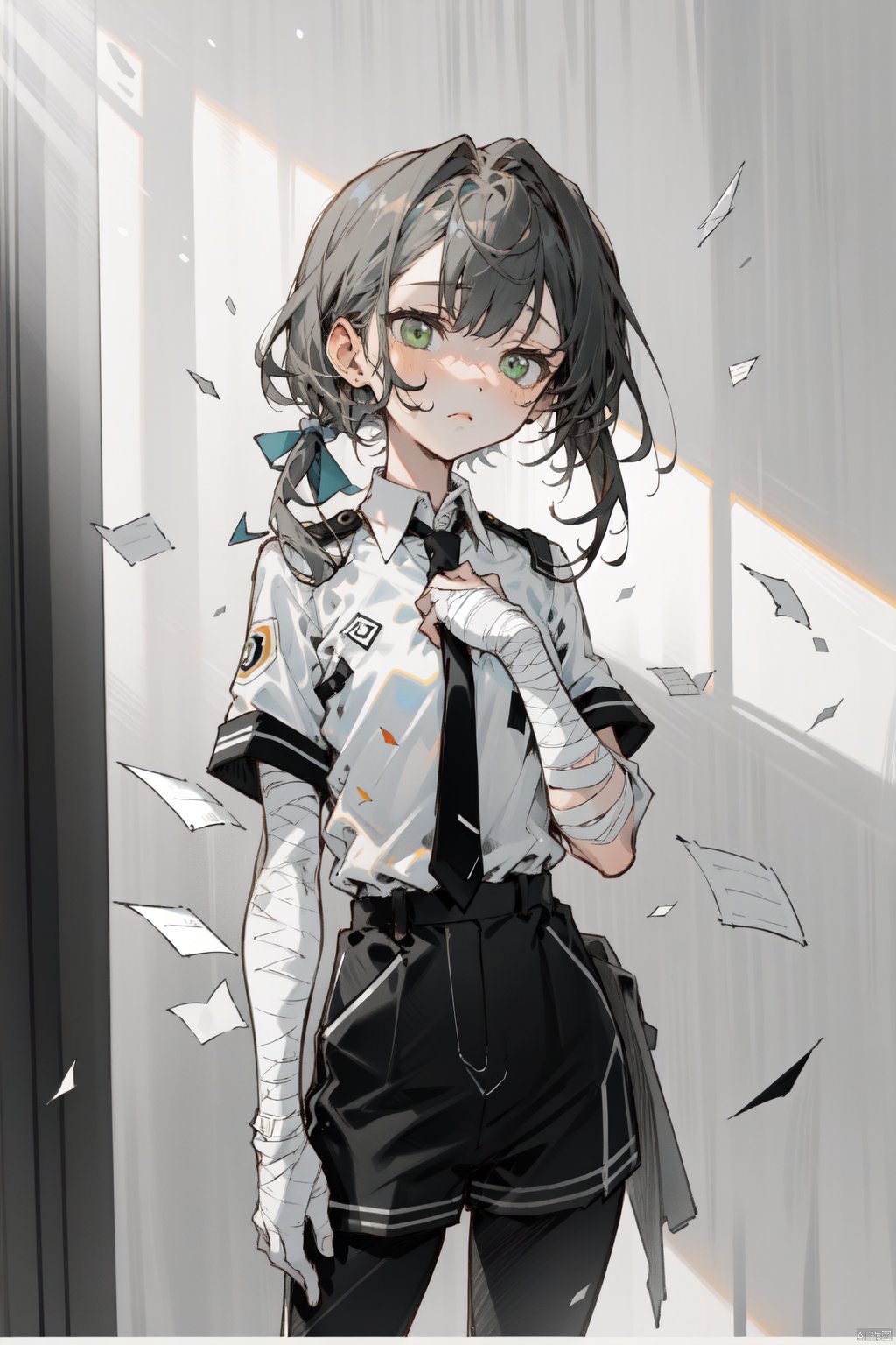  A girl, looking up, silent, expressionless, paper scattered in the air, black and white uniforms,Black pants, busts,Cool colors, grayish blue, a strong sunlight, warm colors in the sun,shirts, ties,short hair, half-tied hair, shoulder-length hair,shorts,Bandages on the neck, bandages on the face,Flat chest, Light-electric style,high ponytails,Medium short black hair, (dark green eyes)