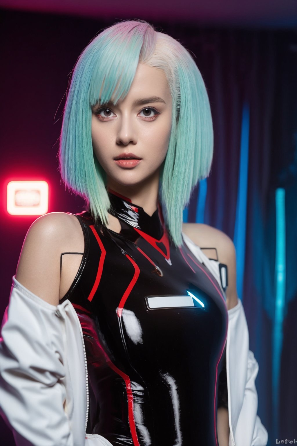 1girl,lucy \(cyberpunk\),solo,leotard,looking at viewer,multicolored hair,jacket,short hair,cyberpunk,black leotard,breasts,<lora:lucy>