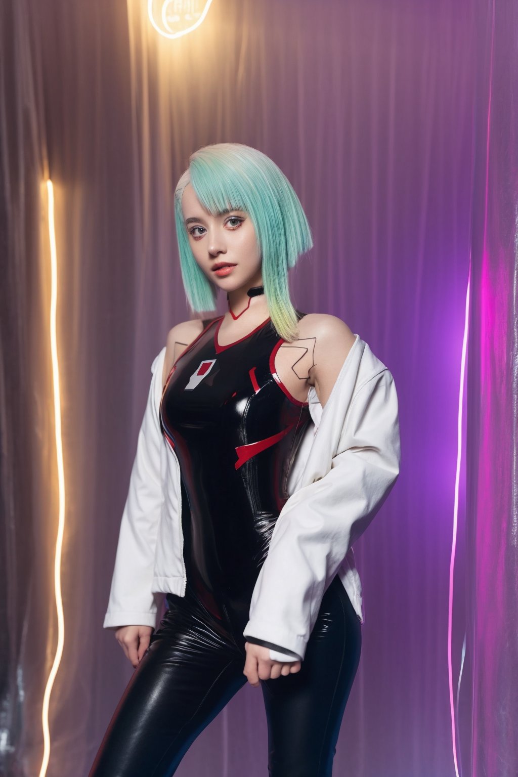 1girl,lucy \(cyberpunk\),solo,leotard,looking at viewer,multicolored hair,jacket,short hair,cyberpunk,black leotard,breasts,<lora:lucy>