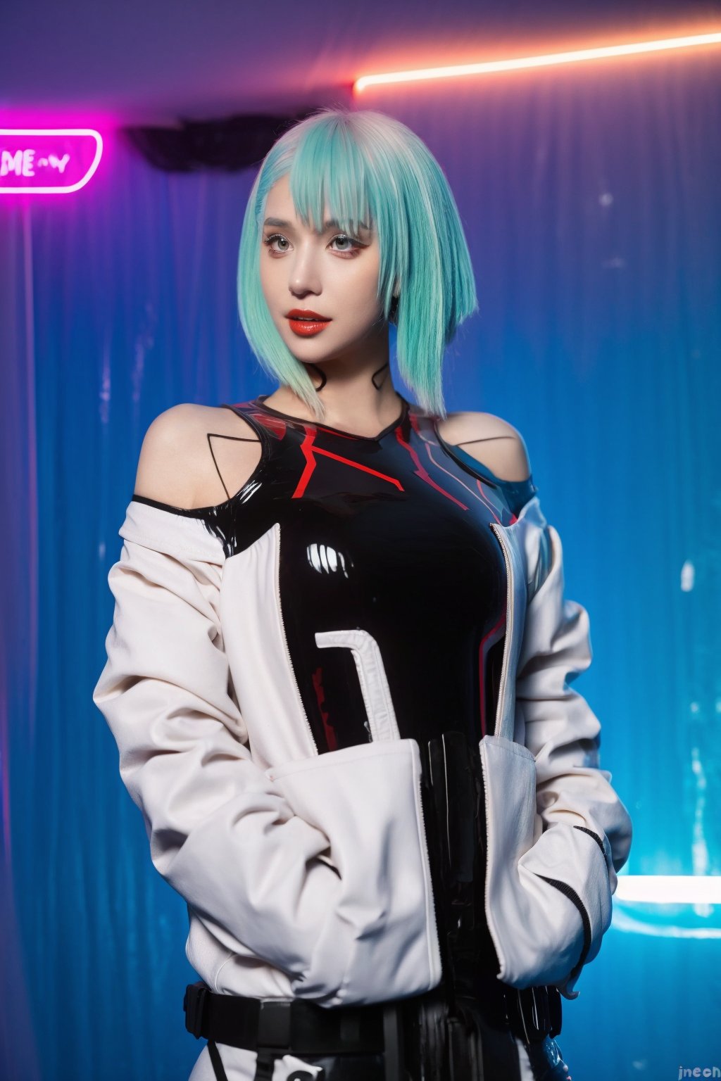 1girl,lucy \(cyberpunk\),solo,cyberpunk,multicolored hair,red lips,off-shoulder jacket,jacket,bare shoulders,short hair  ,<lora:lucy>