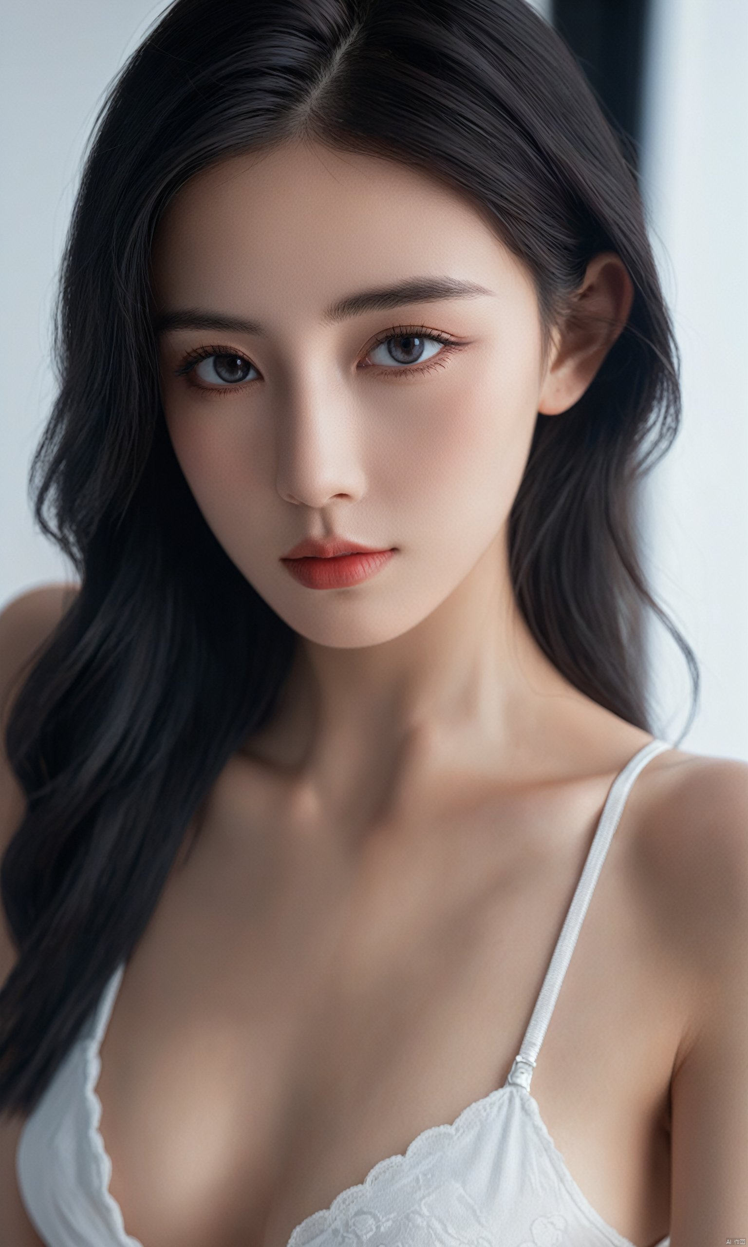 Ultra realistic 8k cg,picture-perfect face,flawless,clean,masterpiece,professional artwork,famous artwork,cinematic lighting,cinematic bloom,perfect face,beautiful face,beautiful eyes,((perfect female body,narrow waist)),black hair,seductive,erotic,enchanting,looking at viewer,Sony a7R IV camera, Meike 85mm F1.8 lens
