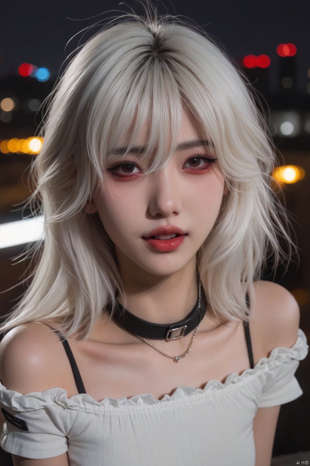 white hair,red eyes,cityscape,cute 1girl,lip biting,seductive leaning forward,detailed face,realistic,photorealistic,(studio light:1.2),evil smile,choker,Deep photo,depth of field,shadows,messy hair,seductive silhouette play,dark,nighttime,dark photo,grainy,dimly lit,shot on RED camera,harsh camera flash ((eyes closed)),bangs,hime cut,fashion model,full body,