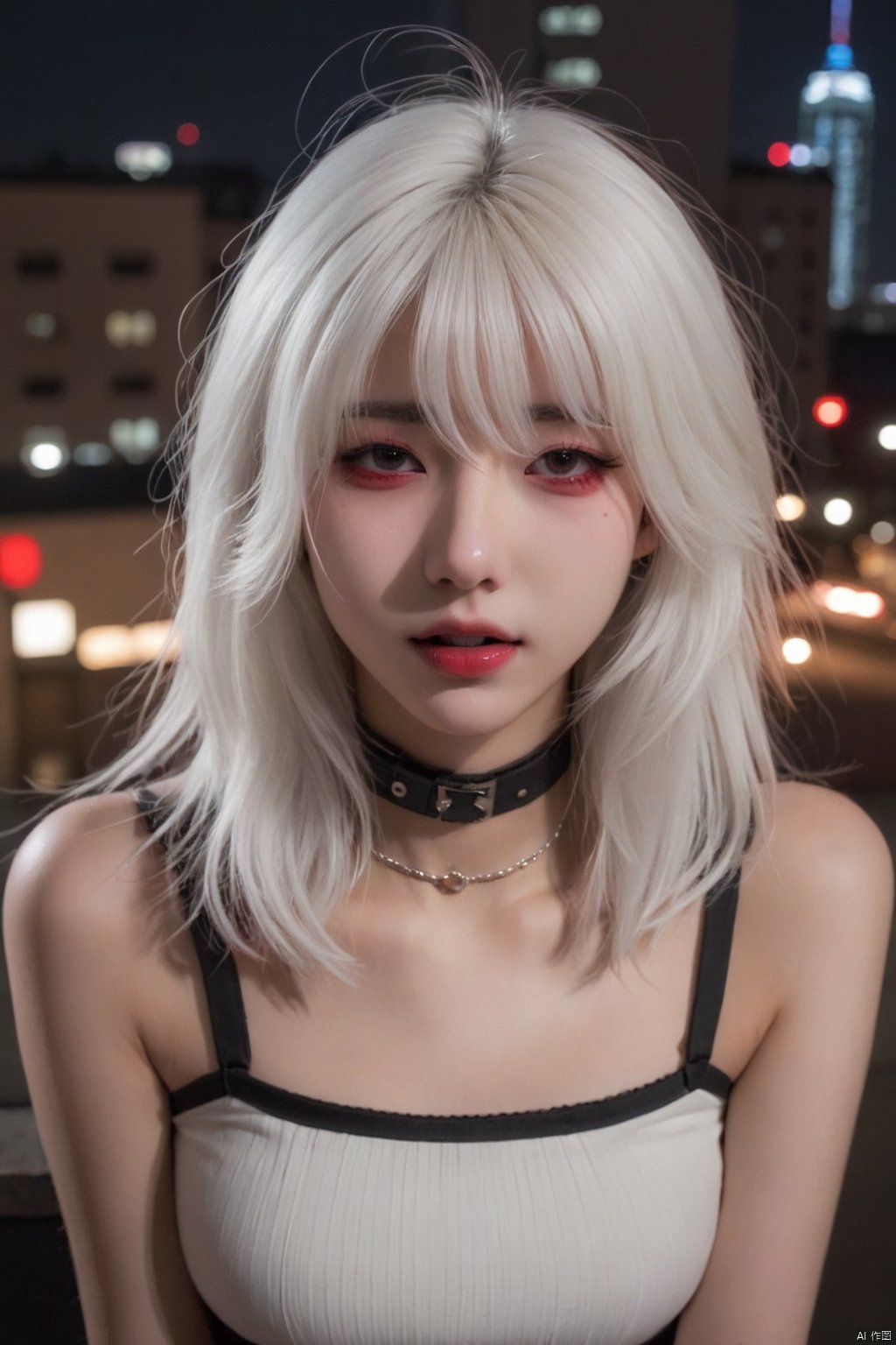 white hair,red eyes,cityscape,cute 1girl,full body,lip biting,seductive leaning forward,detailed face,realistic,photorealistic,(studio light:1.2),evil smile,choker,Deep photo,depth of field,shadows,messy hair,seductive silhouette play,dark,nighttime,dark photo,grainy,dimly lit,shot on RED camera,harsh camera flash ((eyes closed)),bangs,hime cut,fashion model,