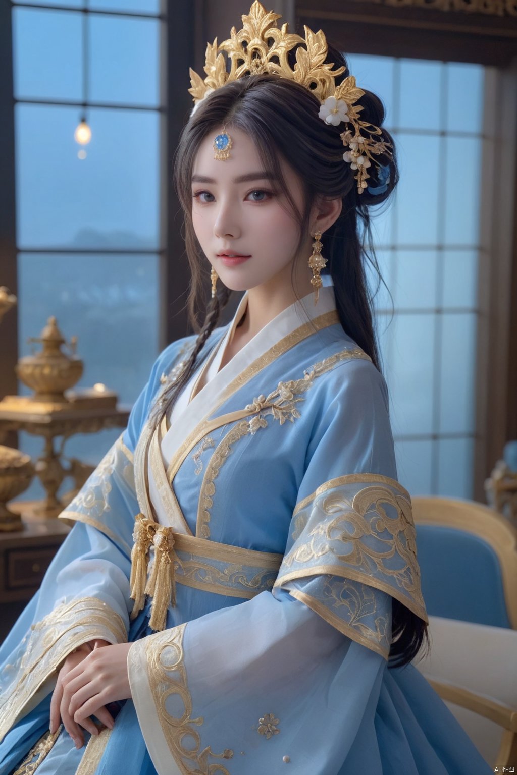  HUBG_Rococo_Style(loanword), 1girl, hanfu, Portrait of noble and graceful goddess, dressed in blue and gold, elaborate coiffure hairstyle, dark hair, decoration, 16K, UHD, HDR, Brilliant scene with bright lights, mist, numerous decorations, joyful atmosphere, light smile,HDR, IMAX, 8K resolutions, ultra resolutions, magnificent, best quality, masterpiece,cinematic scenes, cinematic shots, cinematic lighting, volumetric lighting, ultra-detailed,