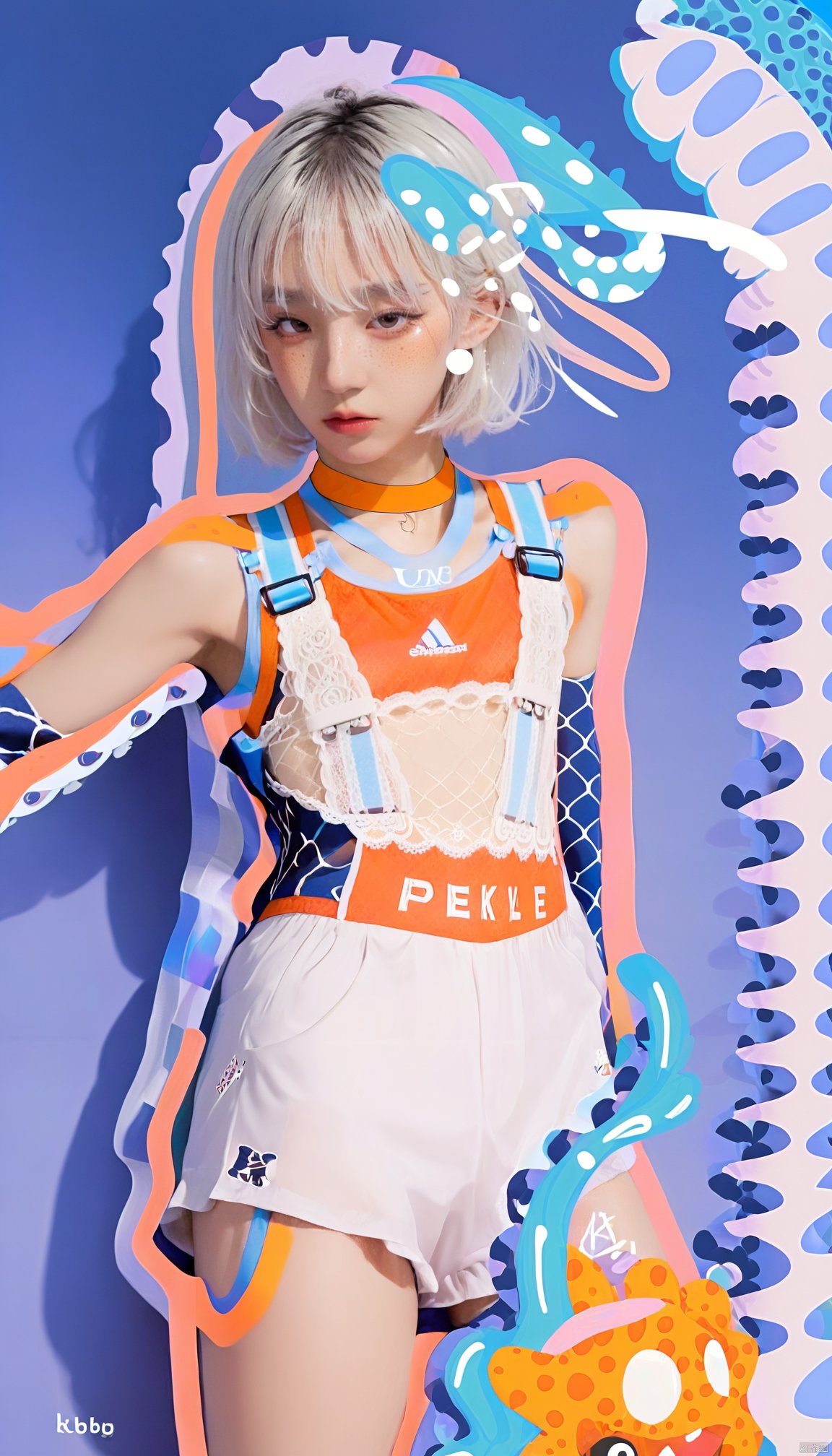  Animated Spliced Reality,a girl made of anime and reality,anime lines around real girl,1girl,white hair,freckles,asymmetric bangs,sportswear,suspenders,lace,asymmetrical_clothes,tentacles, HUBG_Beauty_Girl