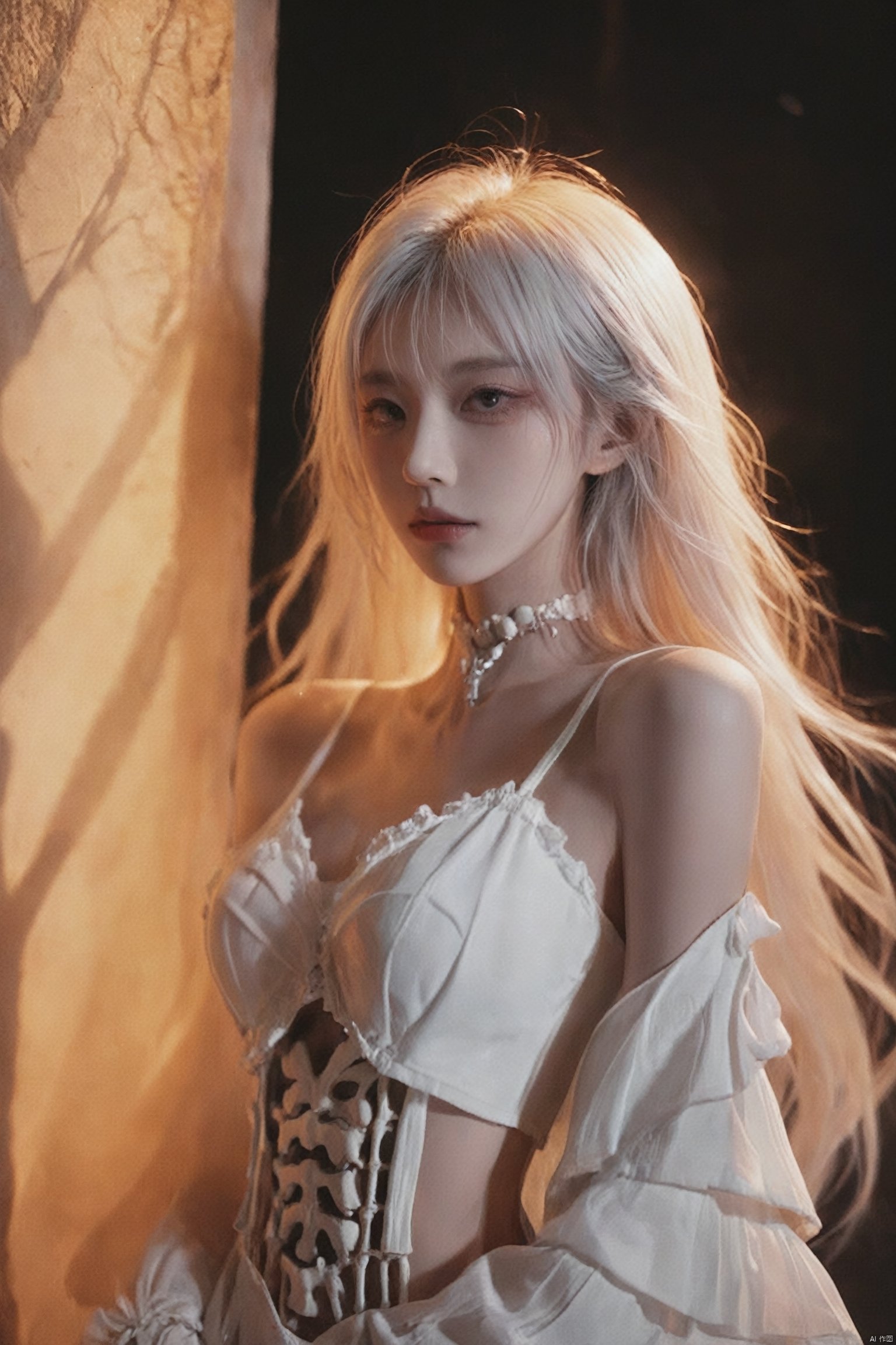  Masterpiece,high quality,(solo:1.2),((1girl)),(((human skeleton | girl))),(white hair:0.3),cinematic light,orange clothes,detailed environment,1girl,solo,reflection,upper body,sunlight,(White hair:1.2),very long hair,wide sleeves,Deep photo,depth of field,shadows,messy hair,seductive silhouette play,dark,nighttime,dark photo,grainy,dimly lit,bangs,Cinematic Lighting,Tyndall effect,abstract background,vibrant colors,modern style,artistic,dynamic composition,unique patterns,bold textures,colorful,lively,youthful,energetic,creative,expressive,stylish,trendy,white_marble_glowing_skin, hubg_jsnh