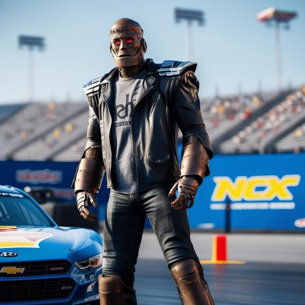 cinematic photo,Robotman1024 , full body, stands next to a nascar, highly detailed ,ultra sharp, photograph, film, bokeh, professional, 4k, highly detailed <lora:Robotman1024:0.9>