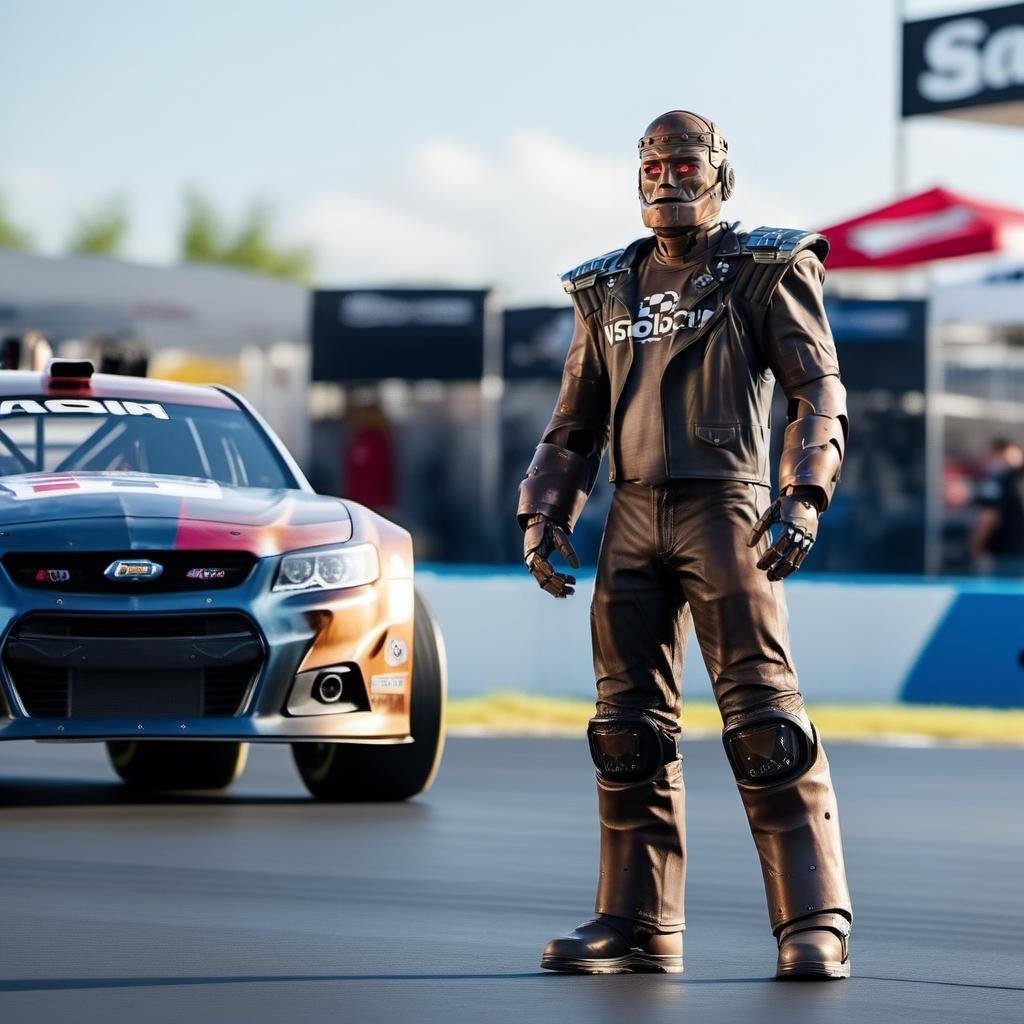 cinematic photo,Robotman1024 , full body, stands next to a nascar, highly detailed ,ultra sharp, photograph, film, bokeh, professional, 4k, highly detailed <lora:Robotman1024:0.9>