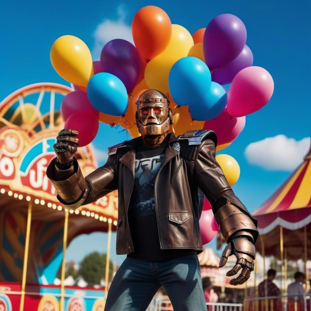 cinematic photo,Robotman1024 , holding multicolor balloons, funfair ,ultra sharp, photograph, film, bokeh, professional, 4k, highly detailed <lora:Robotman1024:0.9>