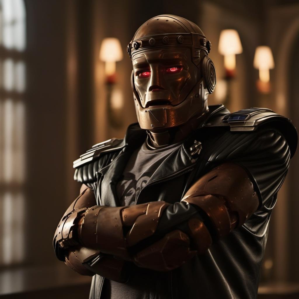 cinematic photo,Robotman1024 , crossed arms, old mansion, dark, mysterious, highly detailed ,ultra sharp, photograph, film, bokeh, professional, 4k, highly detailed <lora:Robotman1024:0.9>