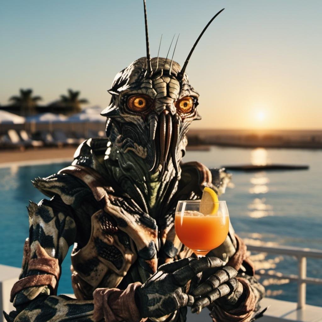 District9-1024, holding a cocktail, beach club, sunset, detailed eyes, highly detailed , photography, ultra sharp, film, bokeh, professional, 4k  <lora:add-detail-xl:1.5> <lora:District9-1024:0.6>