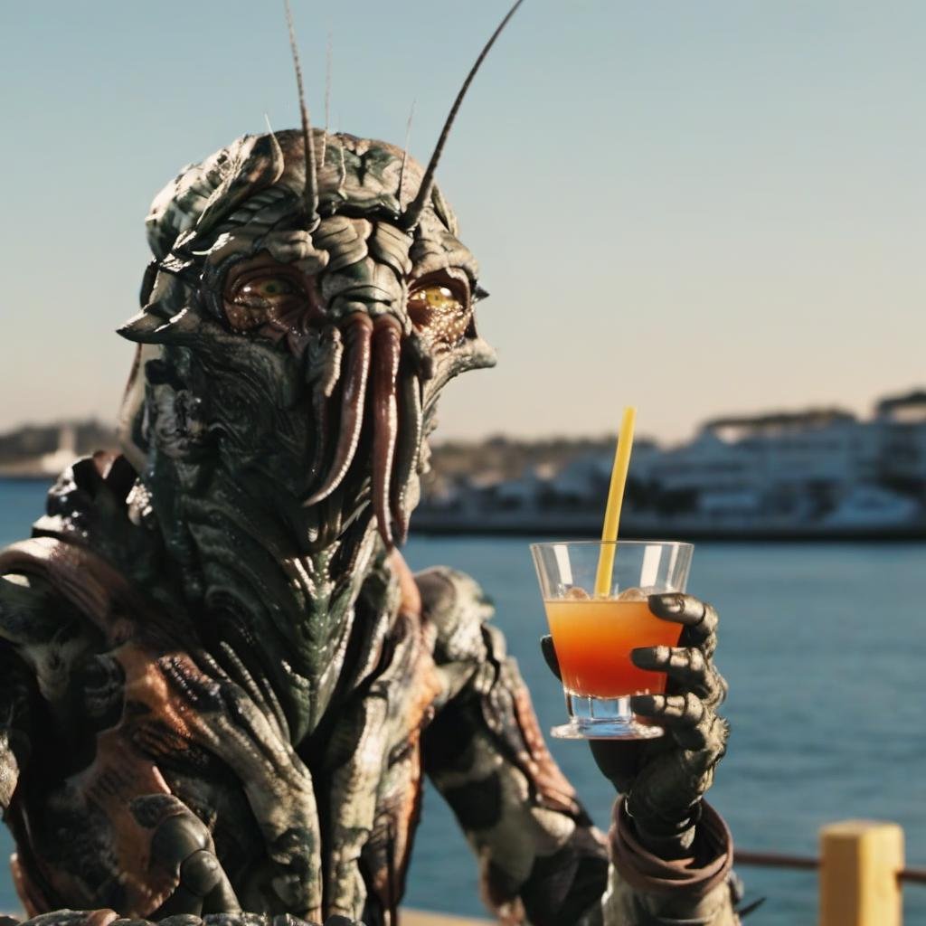 District9-1024, holding a cocktail, beach club, sunset, detailed eyes, highly detailed , photography, ultra sharp, film, bokeh, professional, 4k  <lora:add-detail-xl:1.5> <lora:District9-1024:0.8>