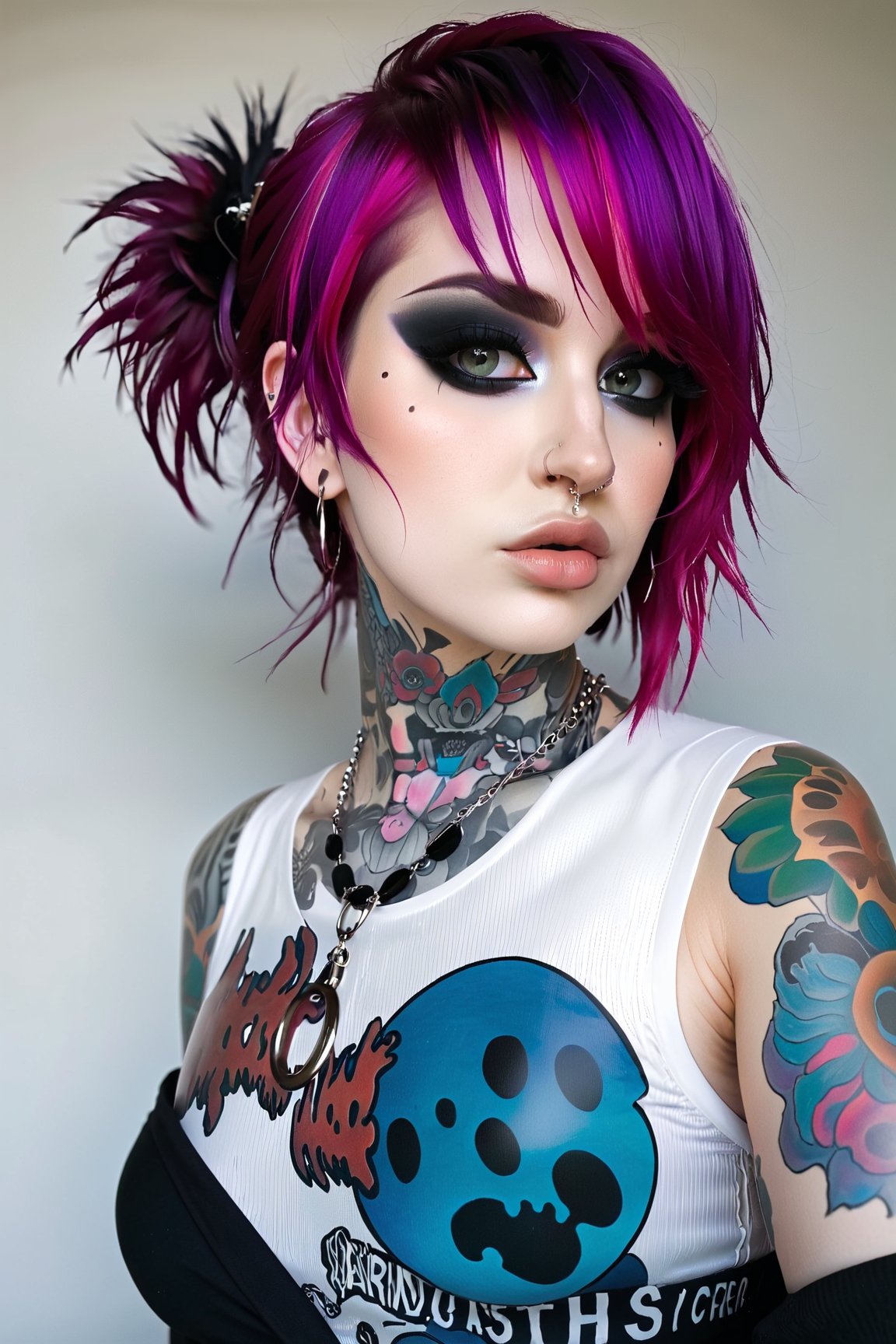 1girl, pink-emo, piercings, septum_ring, tattoos