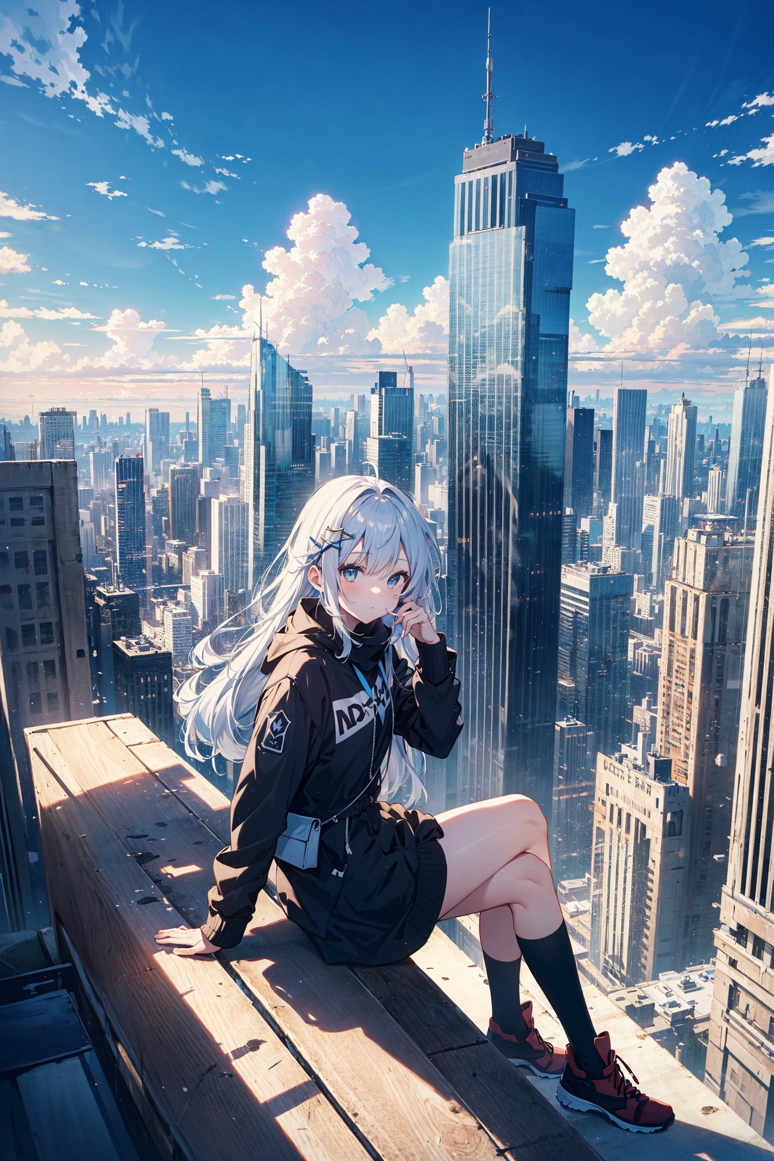 ((best quality, masterpiece, absurbres, super-resolution)) 1girl, sitting, Top of a building, sky scrapper, scenery, wide angle view, expensive