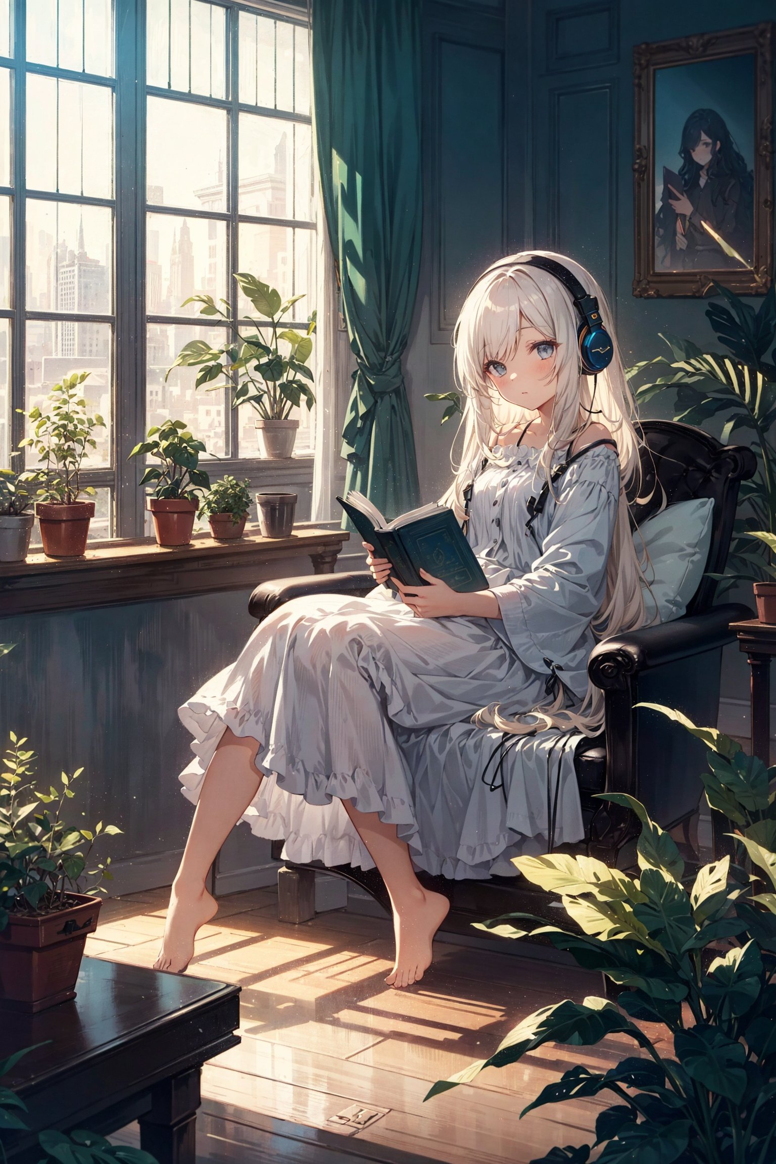 aanight extremely delicate and beautiful, depth of field, amazing, masterpiece, growth, visual impact, ultra-detailed, 1girl, long_hair, window, book, pillow, barefoot, solo, plant, very_long_hair, indoors, potted_plant, headphones, cup, gorgeous, fantasism, nature, refined rendering, original, contour deepening, high-key and low-variance brightness scale, soft light, light and dark interlaced