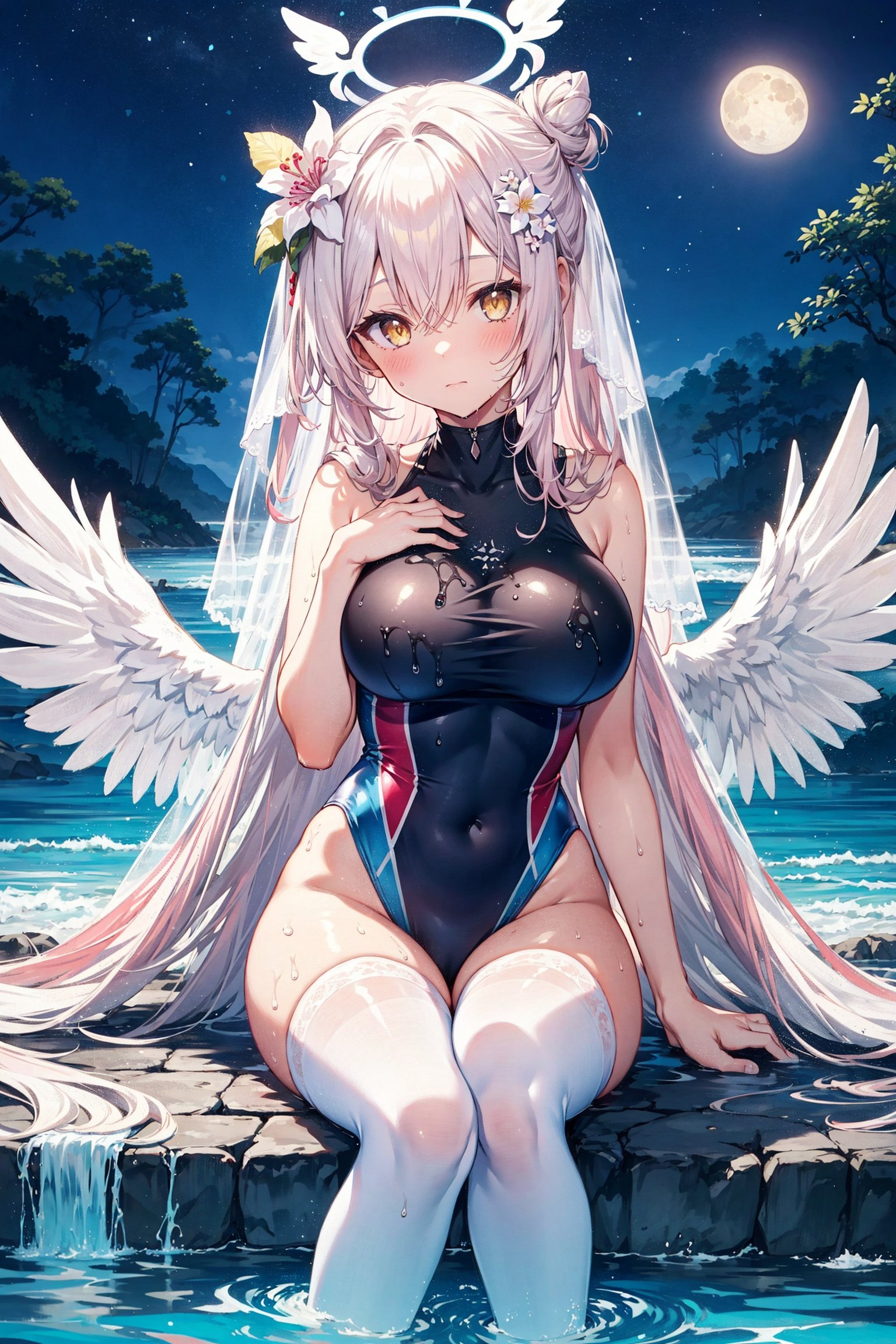 1girl, solo, long hair, breasts, looking at viewer, blush, bangs, large breasts, hair ornament, thighhighs, sitting, very long hair, closed mouth, swimsuit, yellow eyes, pink hair, flower, white hair, wings, alternate costume, hair flower, water, hair bun, white thighhighs, wet, see-through, one-piece swimsuit, covered navel, night, halo, moon, hand on own chest, veil, feathered wings, angel wings, white wings, white one-piece swimsuit, single side bun, low wings, mika \(blue archive\), kabedoru,kabedoru