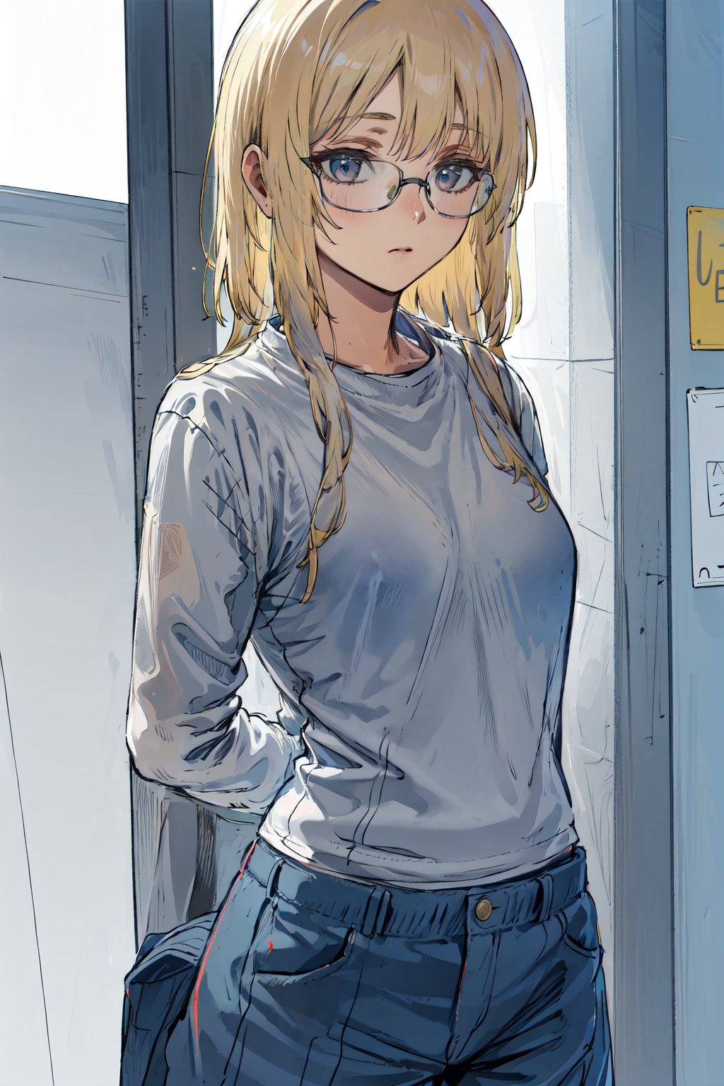 1girl, solo, hews, blonde hair, glasses, hands behind back