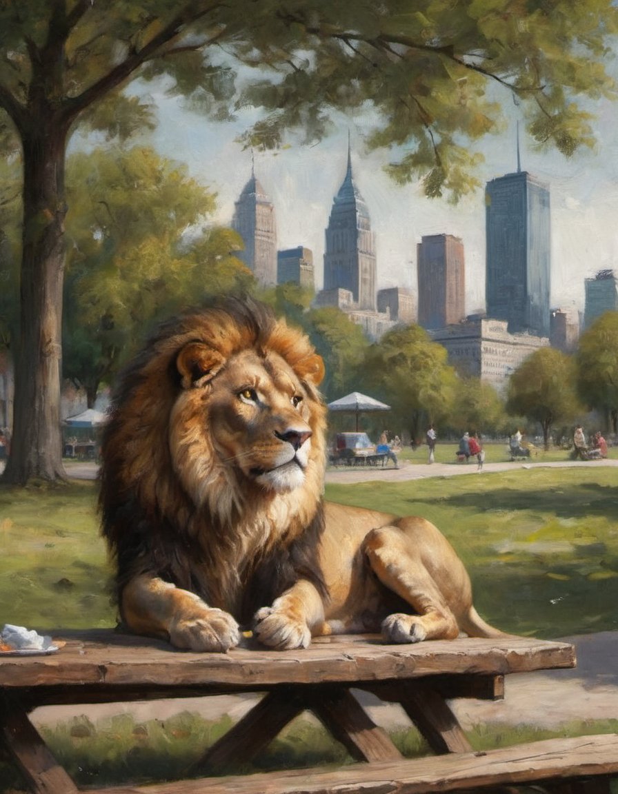 a majestic lion sits alert on a picnic table in a city park watching people