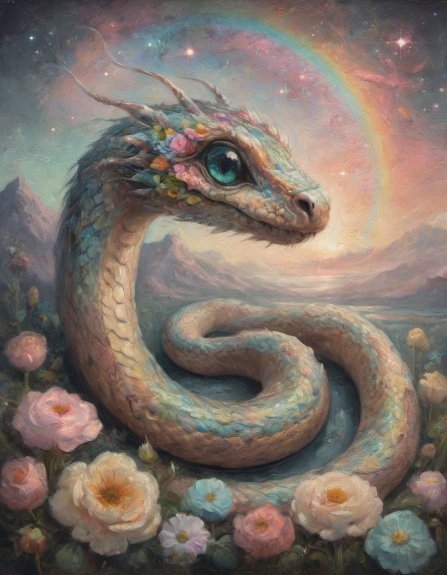 bright atmospheric painting of a hauntingly beautiful pale pastel rainbow scaled sky serpent with huge watery sorrowful eyes with flowers and crystalline structures photo-real pastel galaxy stars