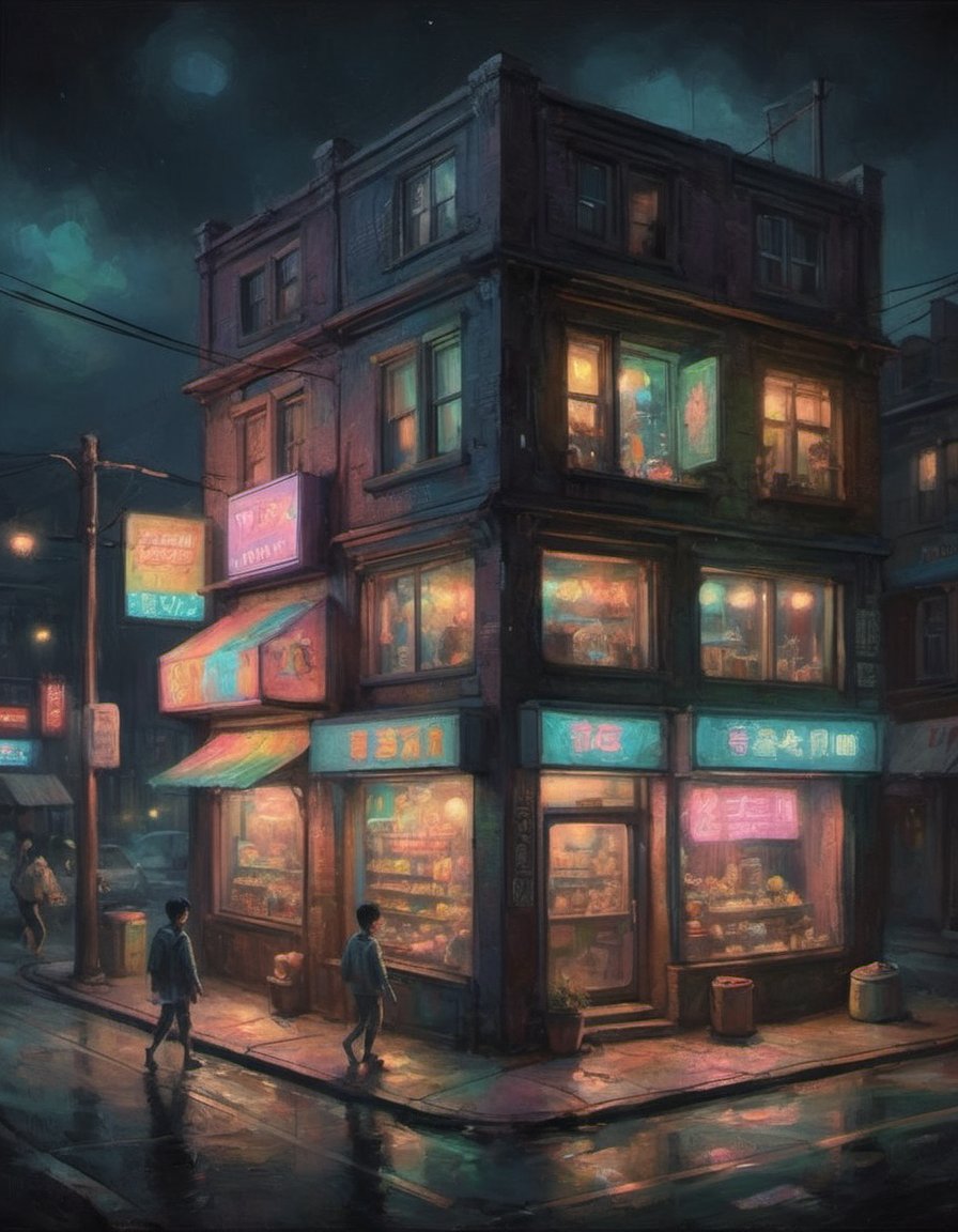 isometric city corner store city block dark night with neon signs and tungsten lighting and a boy walking dog colorful iridescent detailed lighting inspired by Hayao Miyazaki