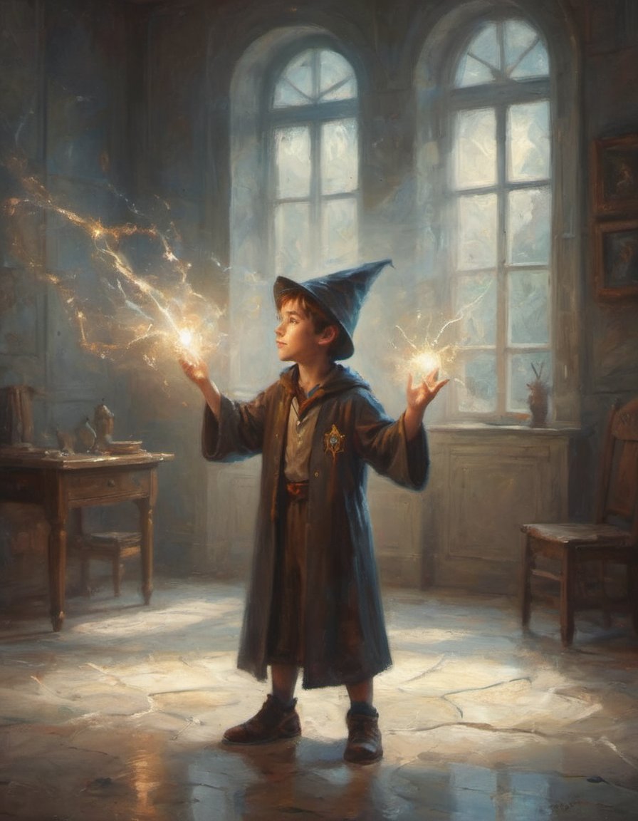 portrait of a boy wizard casting magic glowing magic trails and light dust bright marble and windowed room in the background