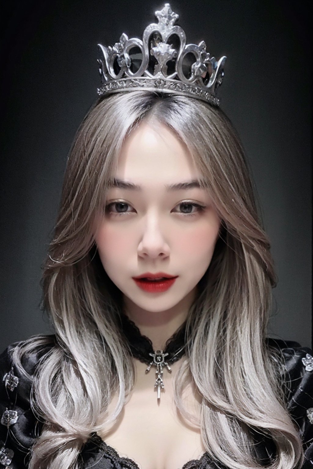 1girl, :),  crazy,  long white hair,  snow princess,  dark fairy tale,  gloomy style, black crown,  evil vibe, Gothic style,  high definition, Rich in intricate details. 8K, Illustration, gorgeous art style, Baroque-style patterns,<lora:EMS-261421-EMS:0.800000>