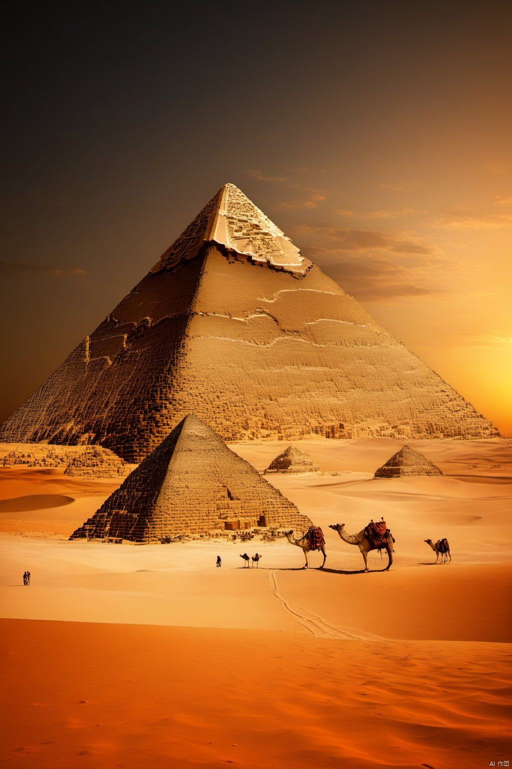  pyramid,desert, outdoors, sunset,no humans