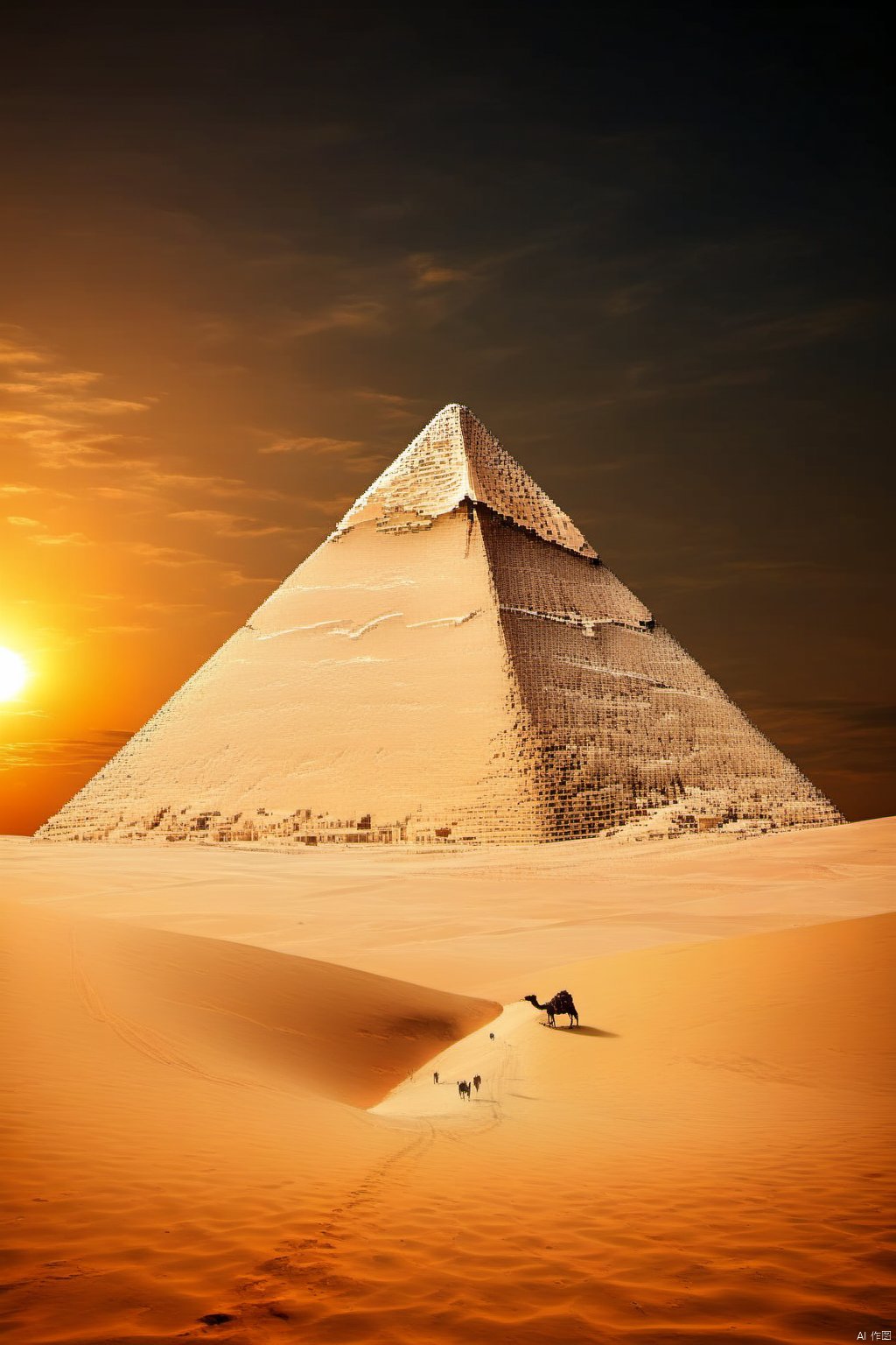  pyramid,desert, outdoors, sunset,no humans, UFO