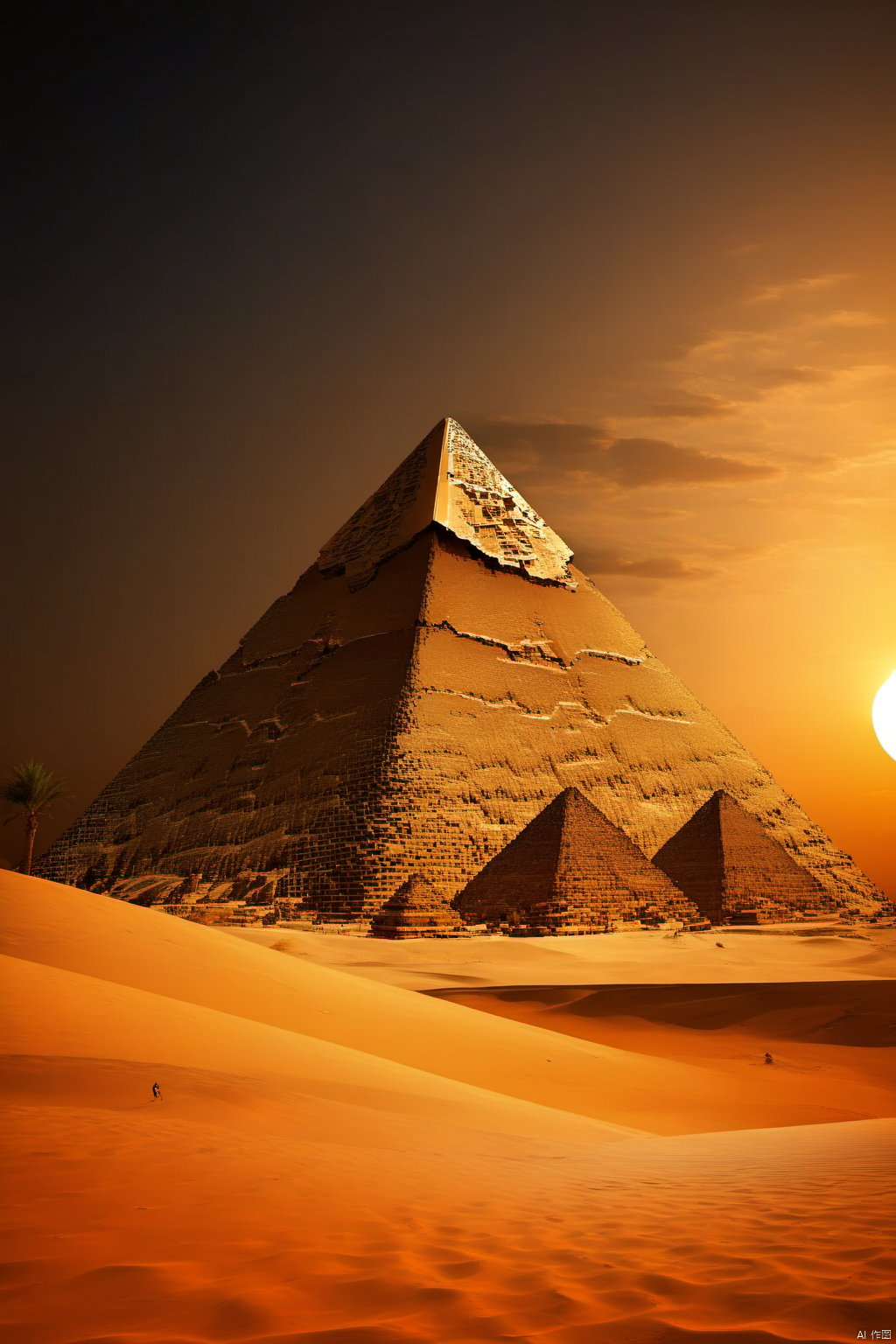  pyramid,desert, outdoors, sunset,no humans