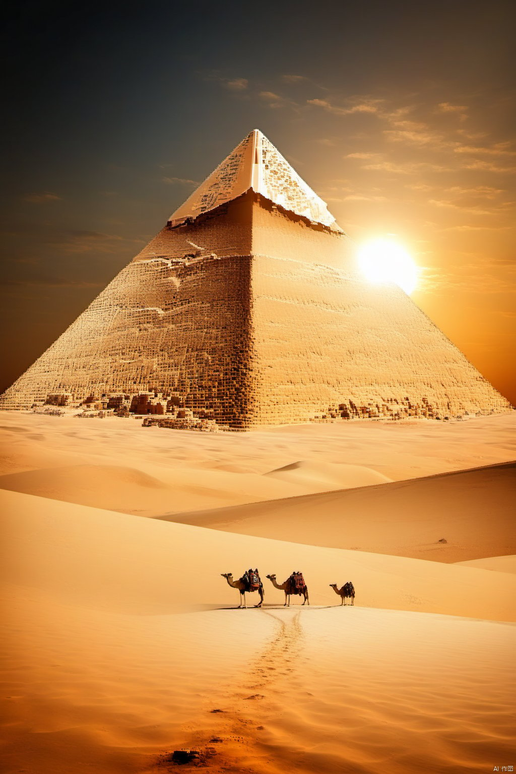  pyramid,desert, outdoors, sunset,no humans, UFO