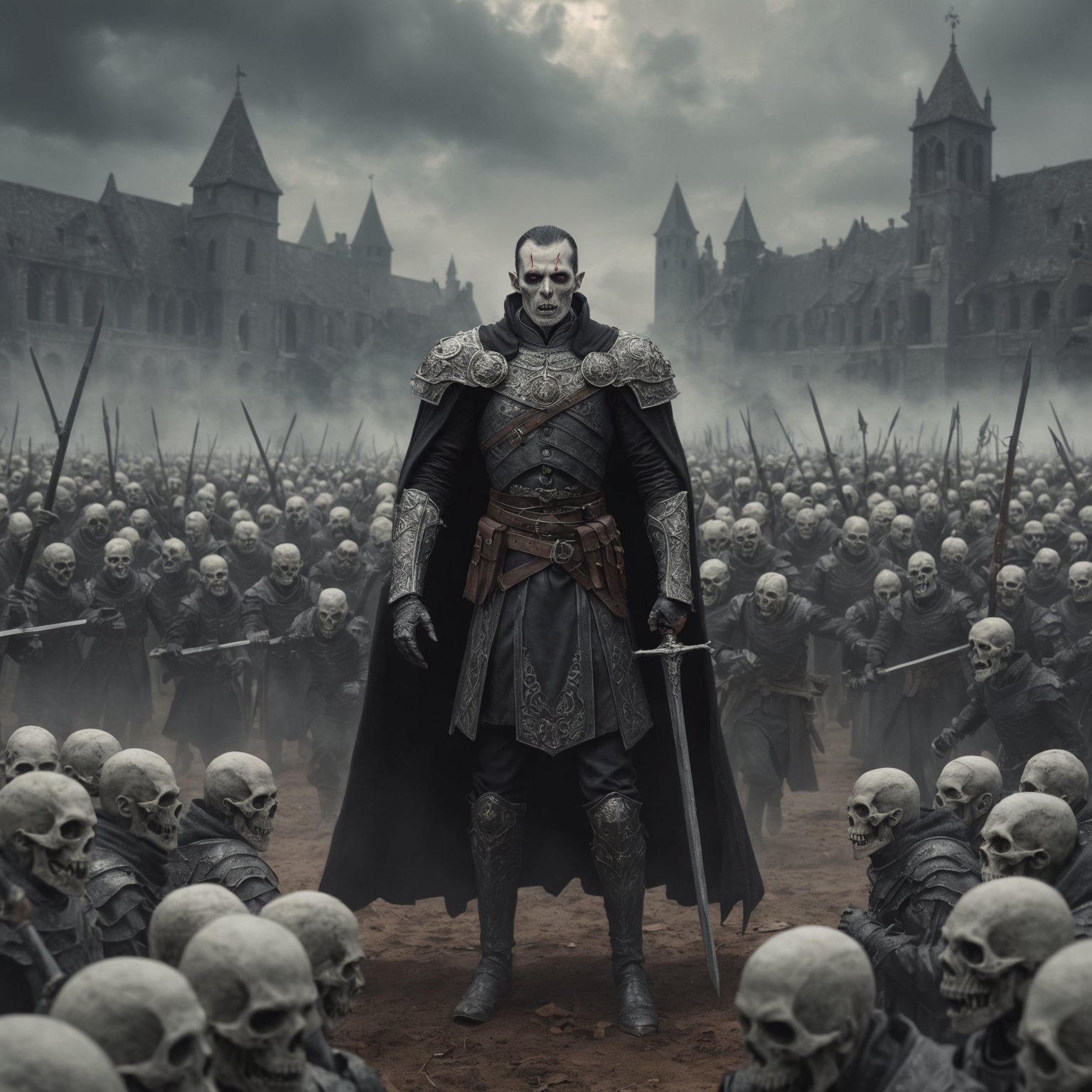 Dracula standing in front of undead army, necromancy, landscape view, marching, intricate detail, realistic