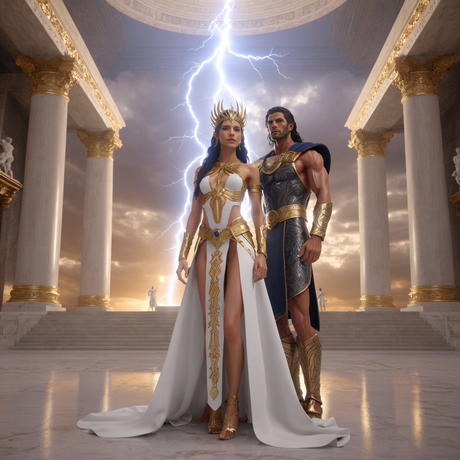 Zeus, Leader of the gods, Olympus throne, lightning surges, ornamental and intricate outfit, palace in the heavens, sexy wife Hera standing by his side, ((couple)), long shot, intricate detail, unreal engine