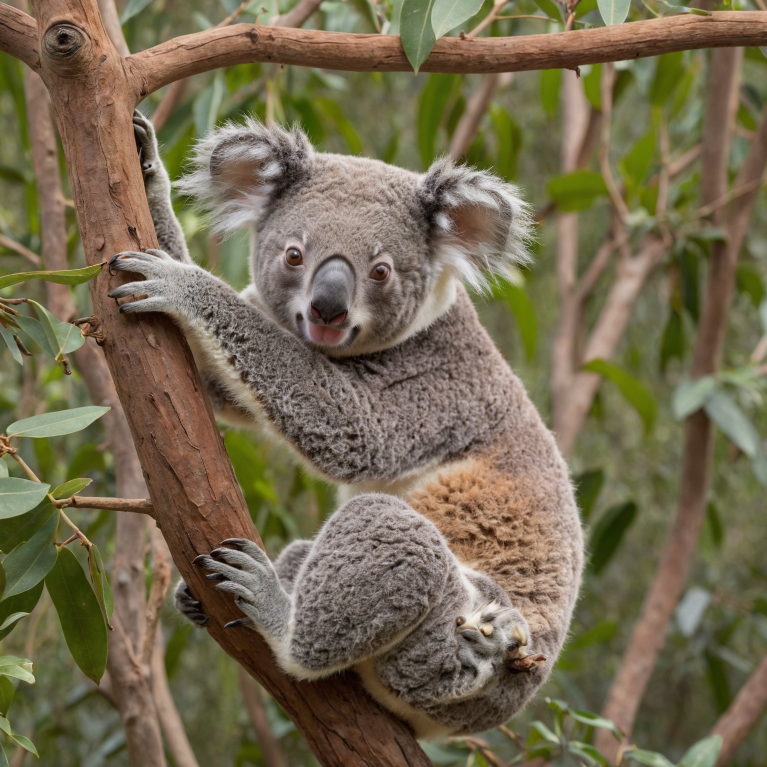 cinematic photo of a playful koala bear hang from a tree branch, intricate detail