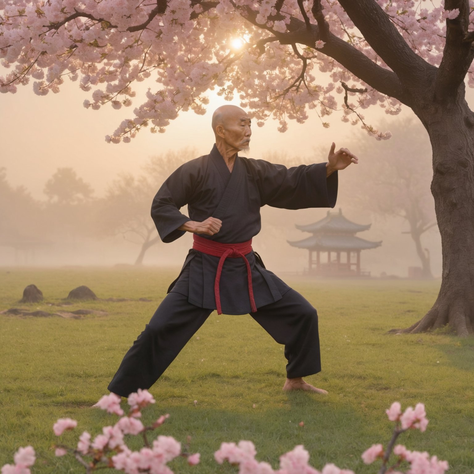 ancient kung-fu master, old, combat stance standing in high grass in front of cherry blossom tree, misty fog, sunset, intricate detail, cinematic