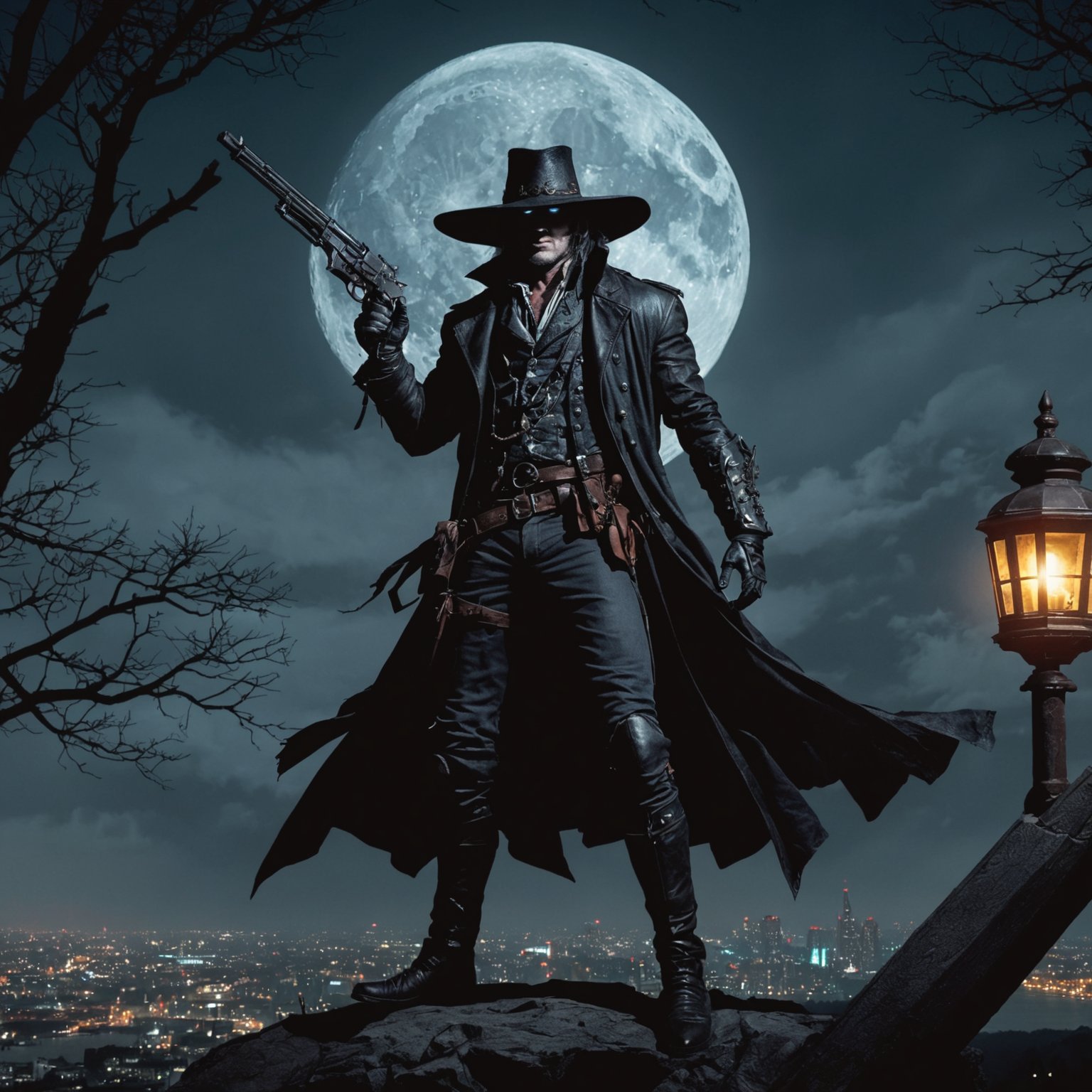 Van Helsing, guns, lantern, city, night time, full moon, full body, intricate detail, realistic