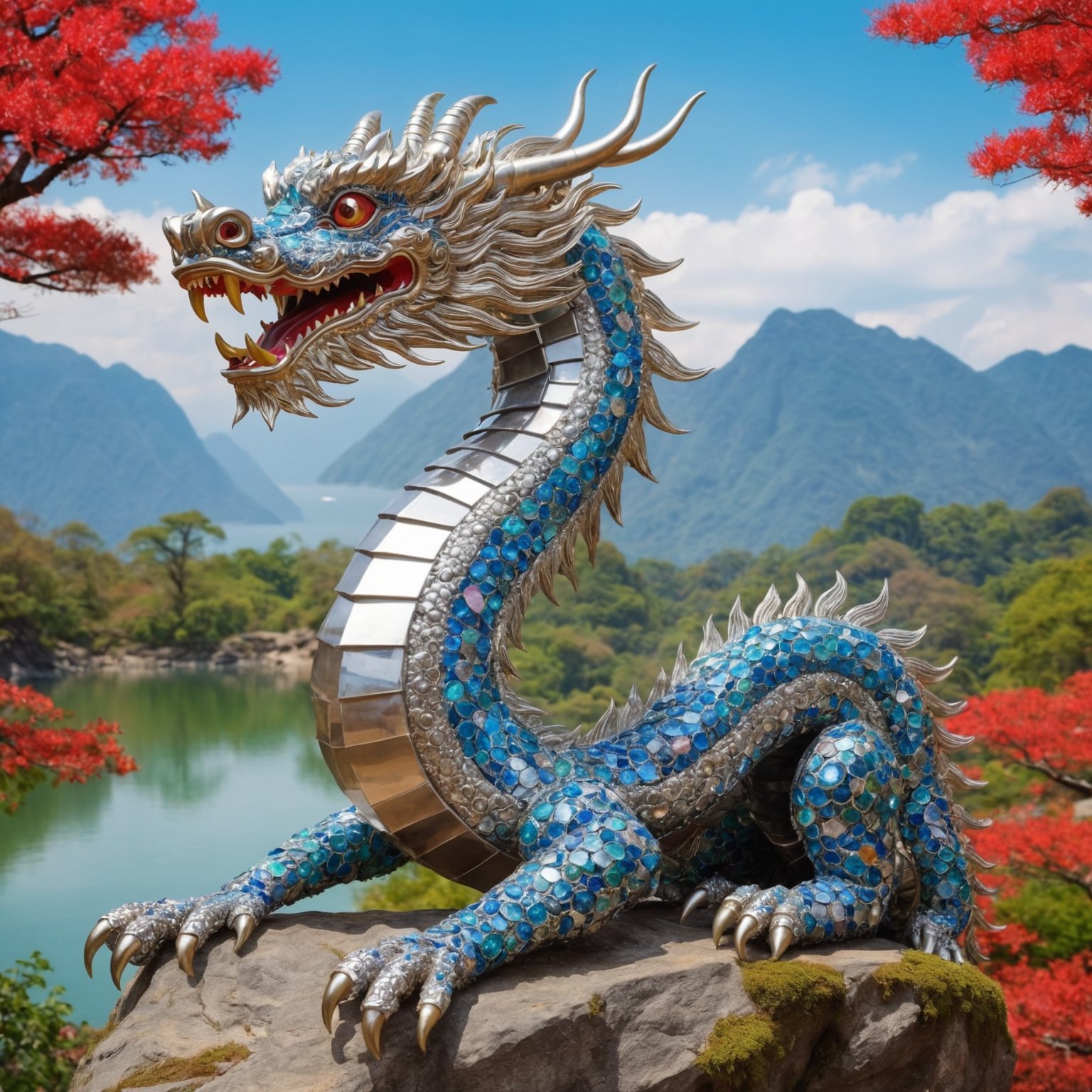 dragon made out of gems and platinum, asian style, vibrant and extravagant background, landscape view, marching, intricate detail, realistic